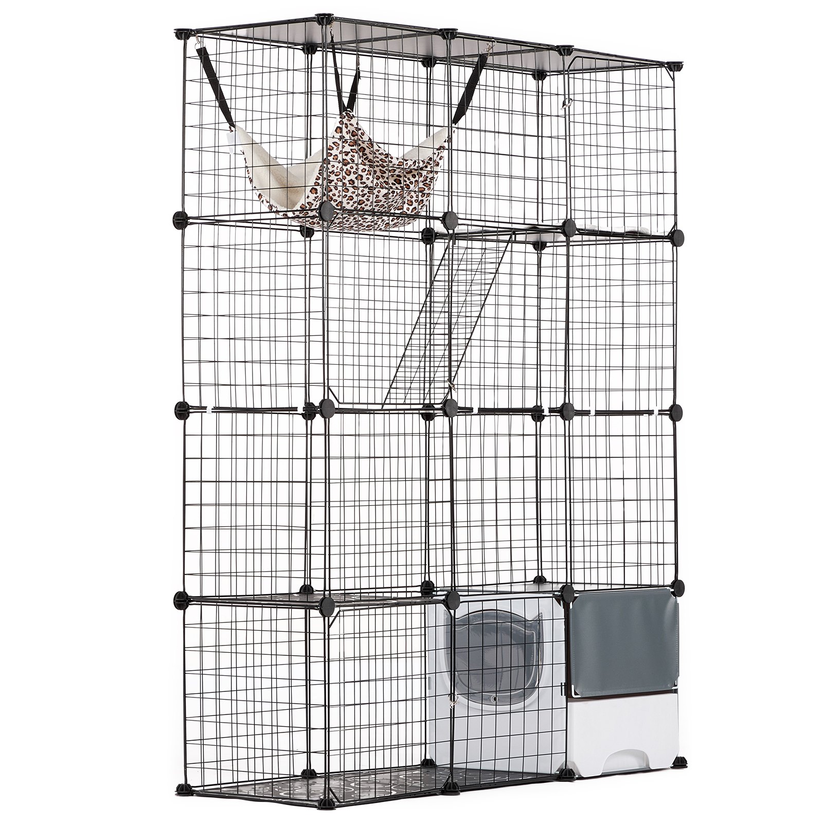 Large 4-tier Cat Cage, 41 X 14 X 55", Detachable Metal Wire Cat Enclosure, With Litter Box Hammock Ramp Ladders, Indoor & Outdoor Crate Exercise Place Ideal For Kitty, Small Animals, Black