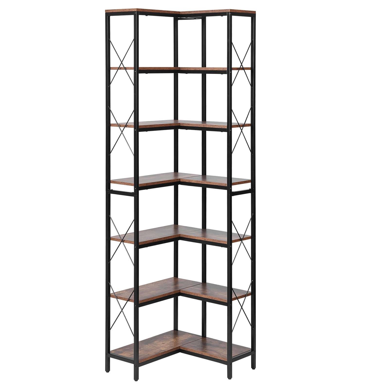 7 Tier Corner Bookshelf, 79" Tall Corner Bookcase With Heavy Duty Metal Frame & Wooden Shelves, Industrial Reversible L Shaped Corner Display Shelf For Bedroom, Living Room, Office