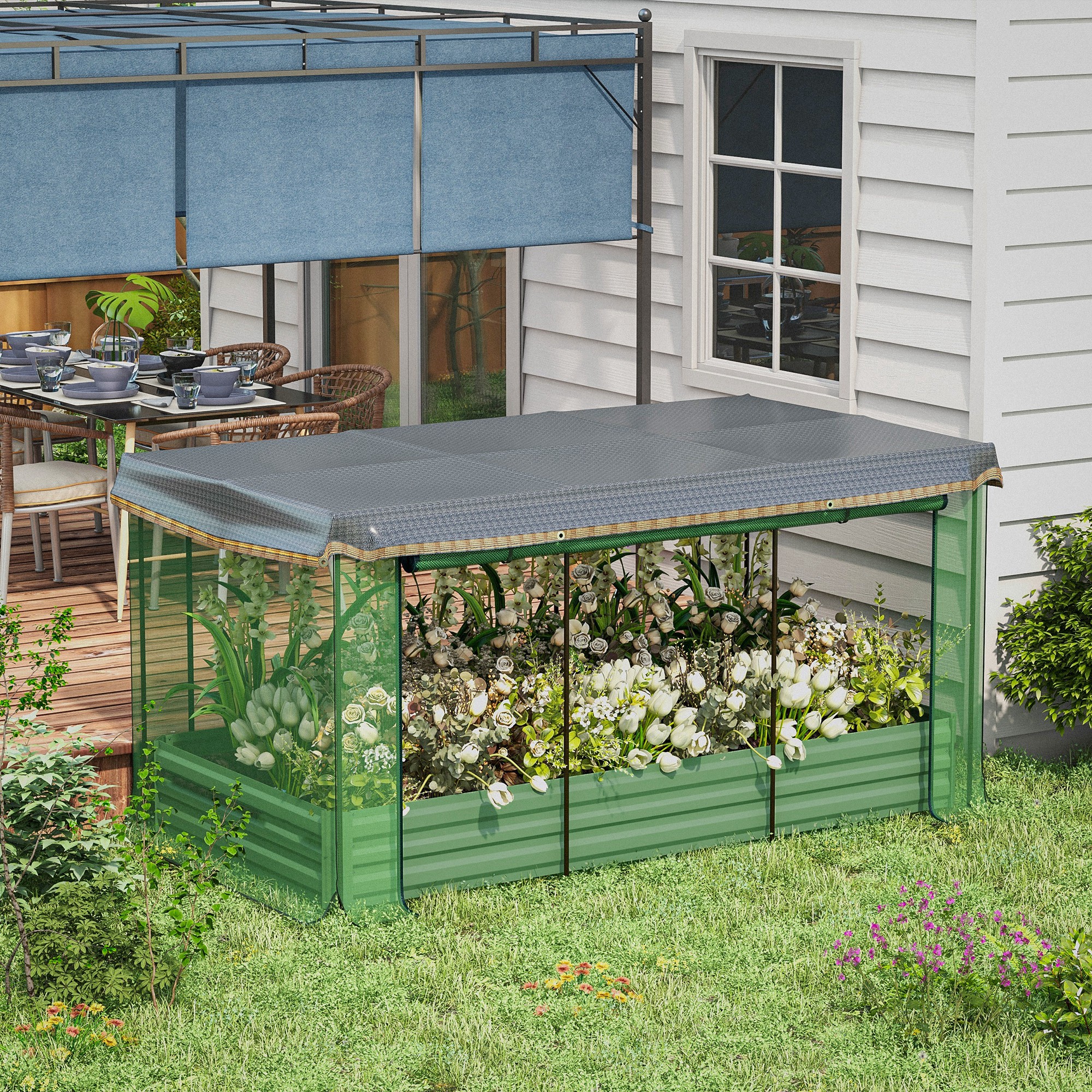 Macetero elevado de acero galvanizado con jaula de cultivo y malla de sombra, verde