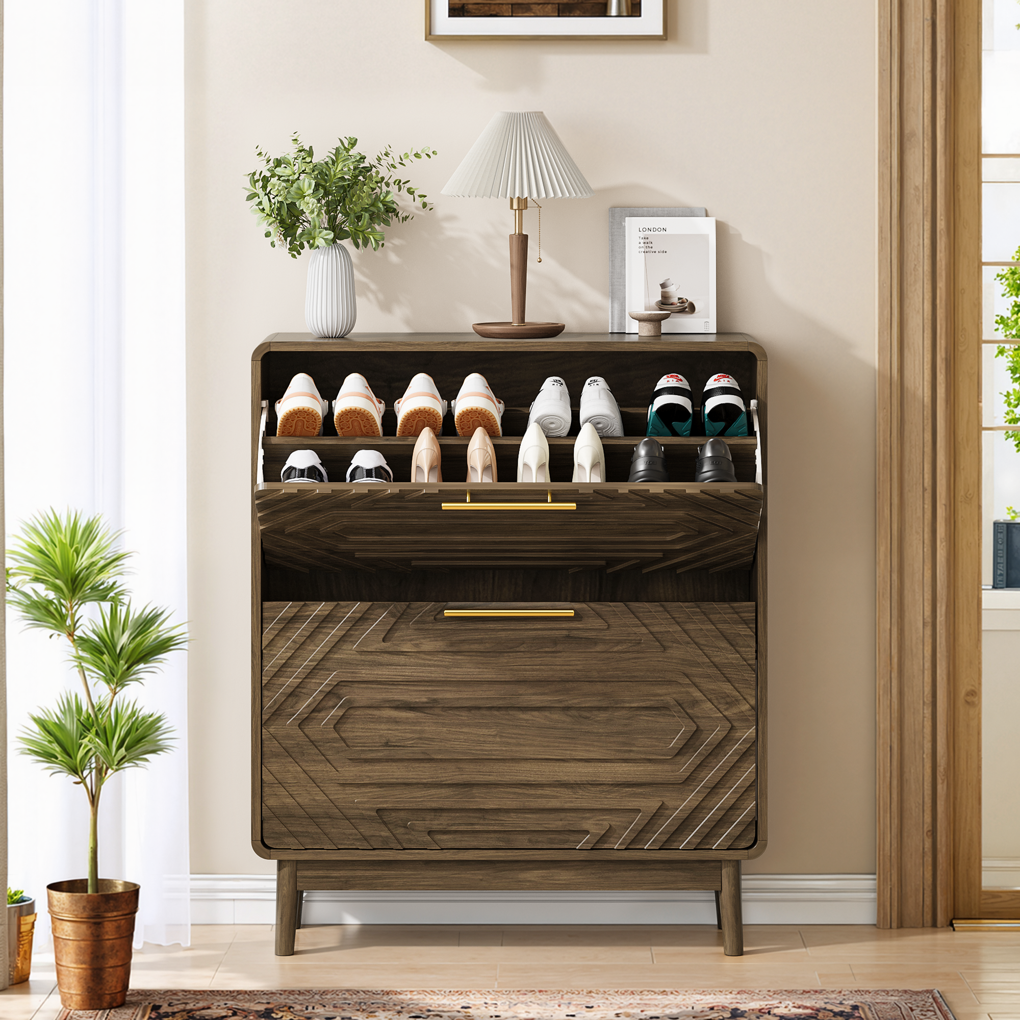 31.5 Walnut Shoe Cabinet, Mid-Century Modern Freestanding Shoe Cabinet, Freestanding Organizer With 2 Flip-Top Drawers, Suitable For Entry, Hallway And Foyer