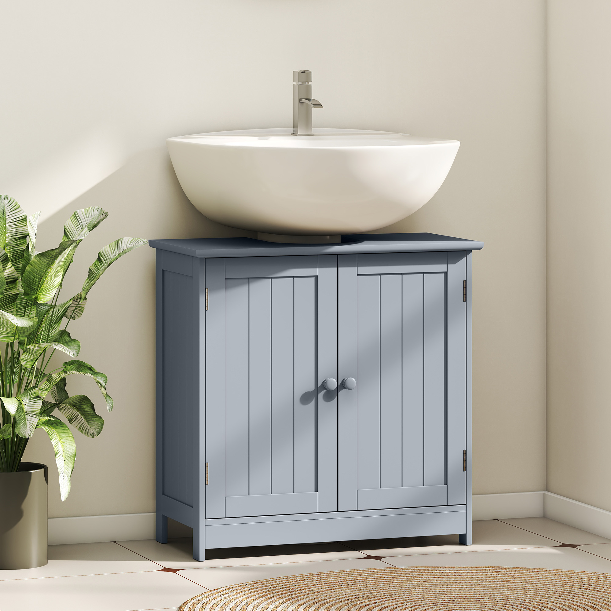 Gabinete bajo lavabo de pedestal con 2 puertas, estante y recorte en U, gris