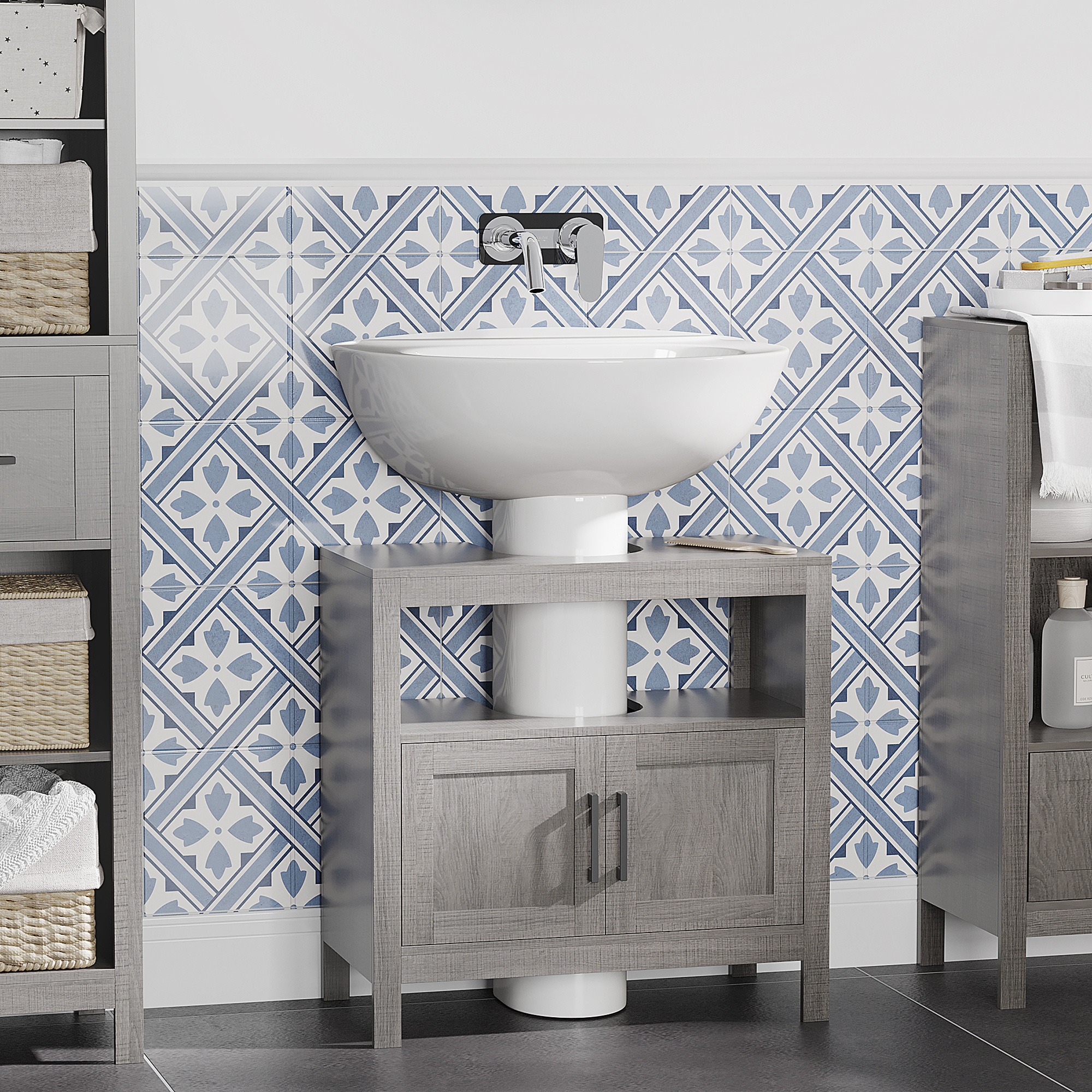 Pedestal Sink Storage Cabinet, Bathroom Under Sink Cabinet with 2 Doors and Open Shelf, Bathroom Vanity, Gray