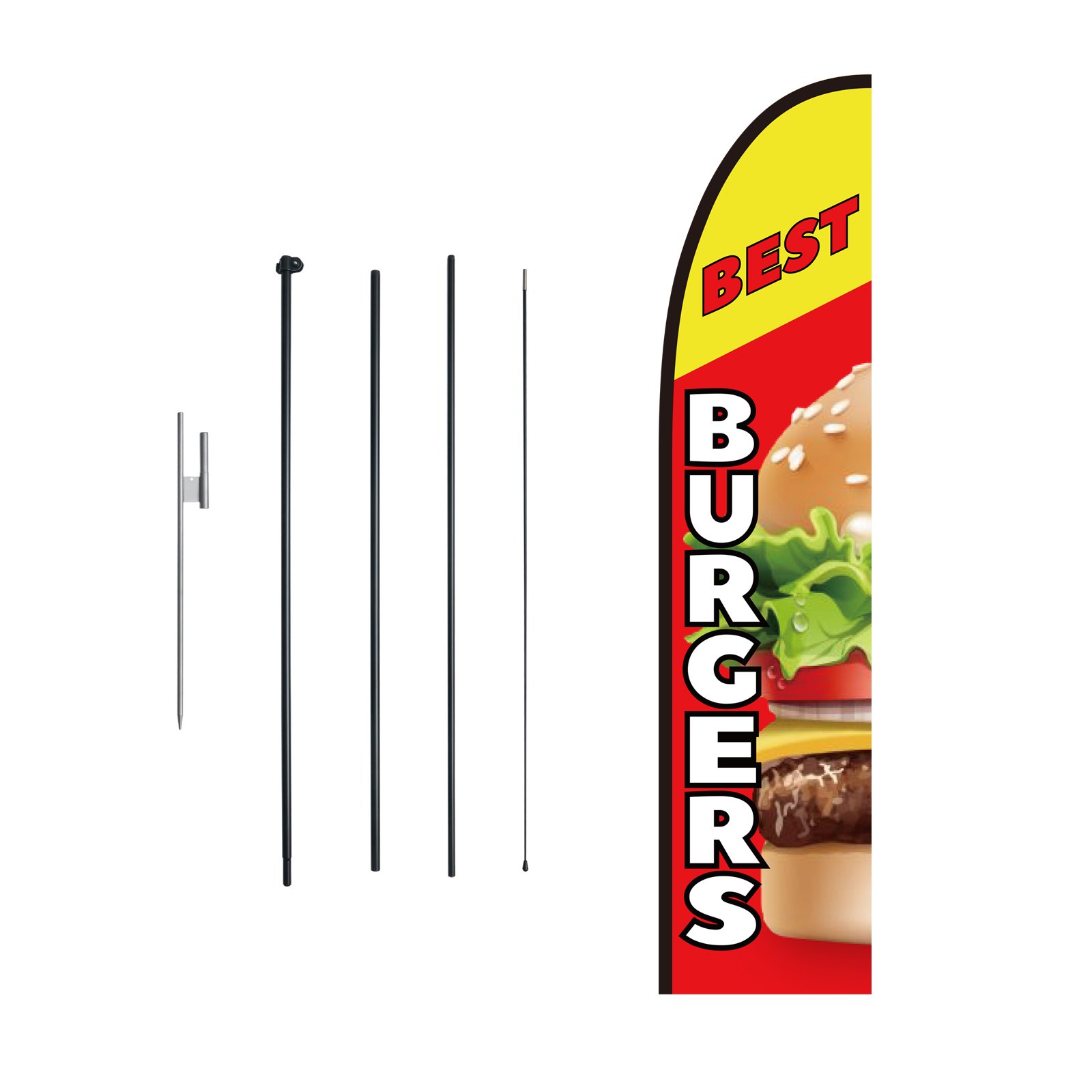Burger Restaurant Advertising Feather Flag With Pole Kit, Advertising Flags For Business Outside, Includes 1 Banner Flag, 1 Pole, 1 Ground Stake, Swooper Flag For Businesses 16.3 FT