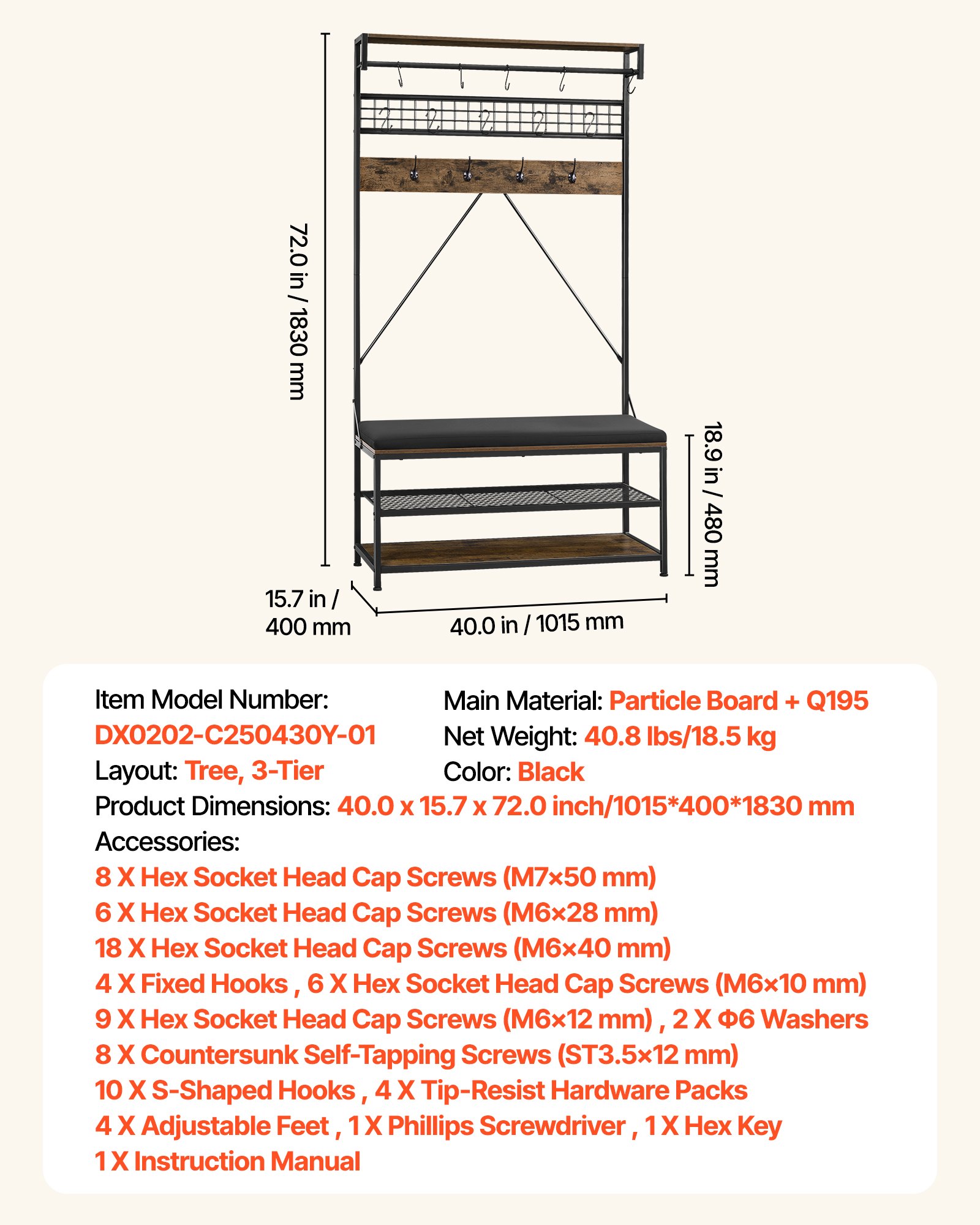 Hall Tree, 72 In Coat Rack With Shoe Bench, 2-Tier Freestanding Shoe Rack Storage Organizer With Hooks, Hanging Rod And Wire Shelf, Steel Frame Entrance Coat Holder For Entry, Bedroom, Closet