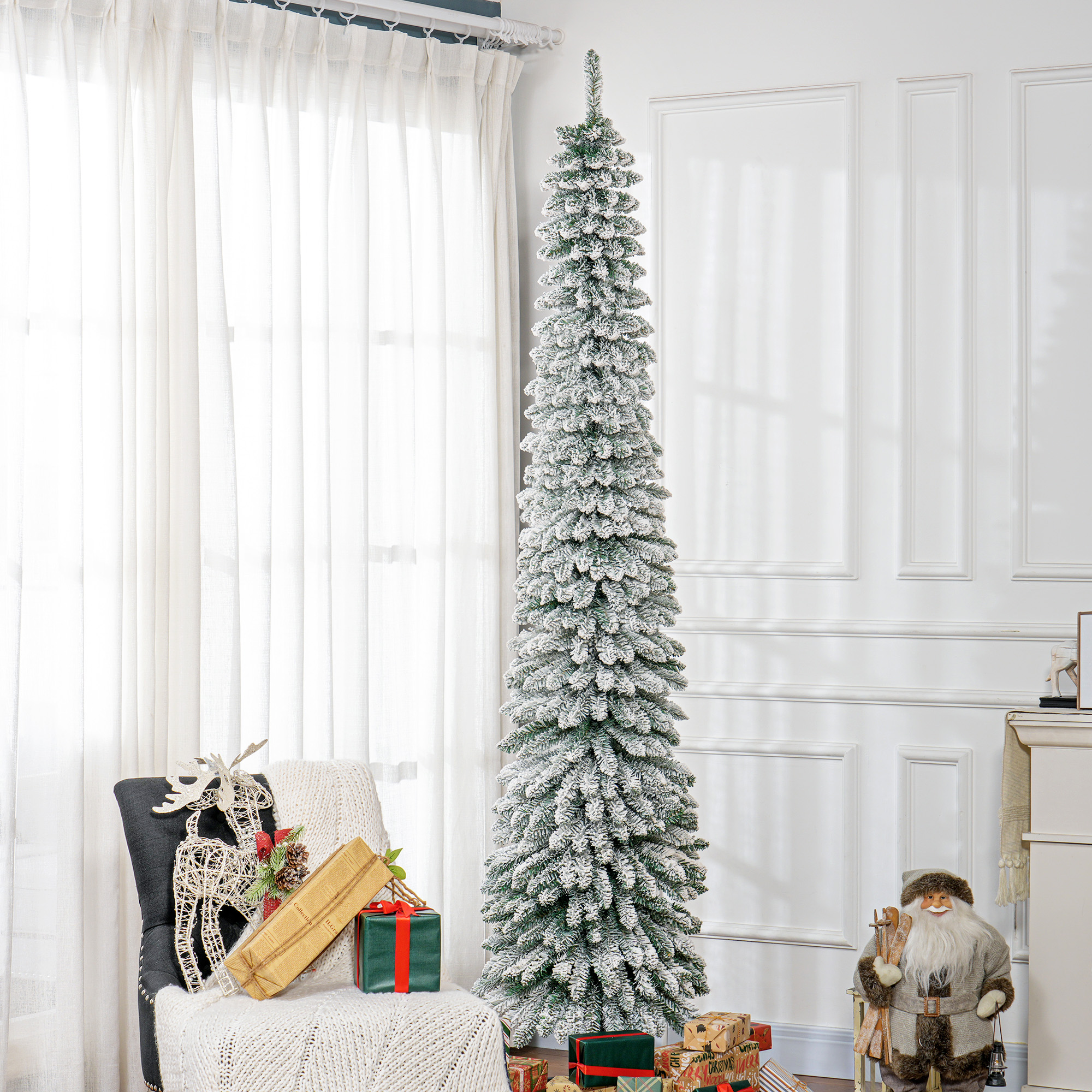 Árbol de Navidad artificial nevado de 8 pies, tipo lápiz, verde, sin luces