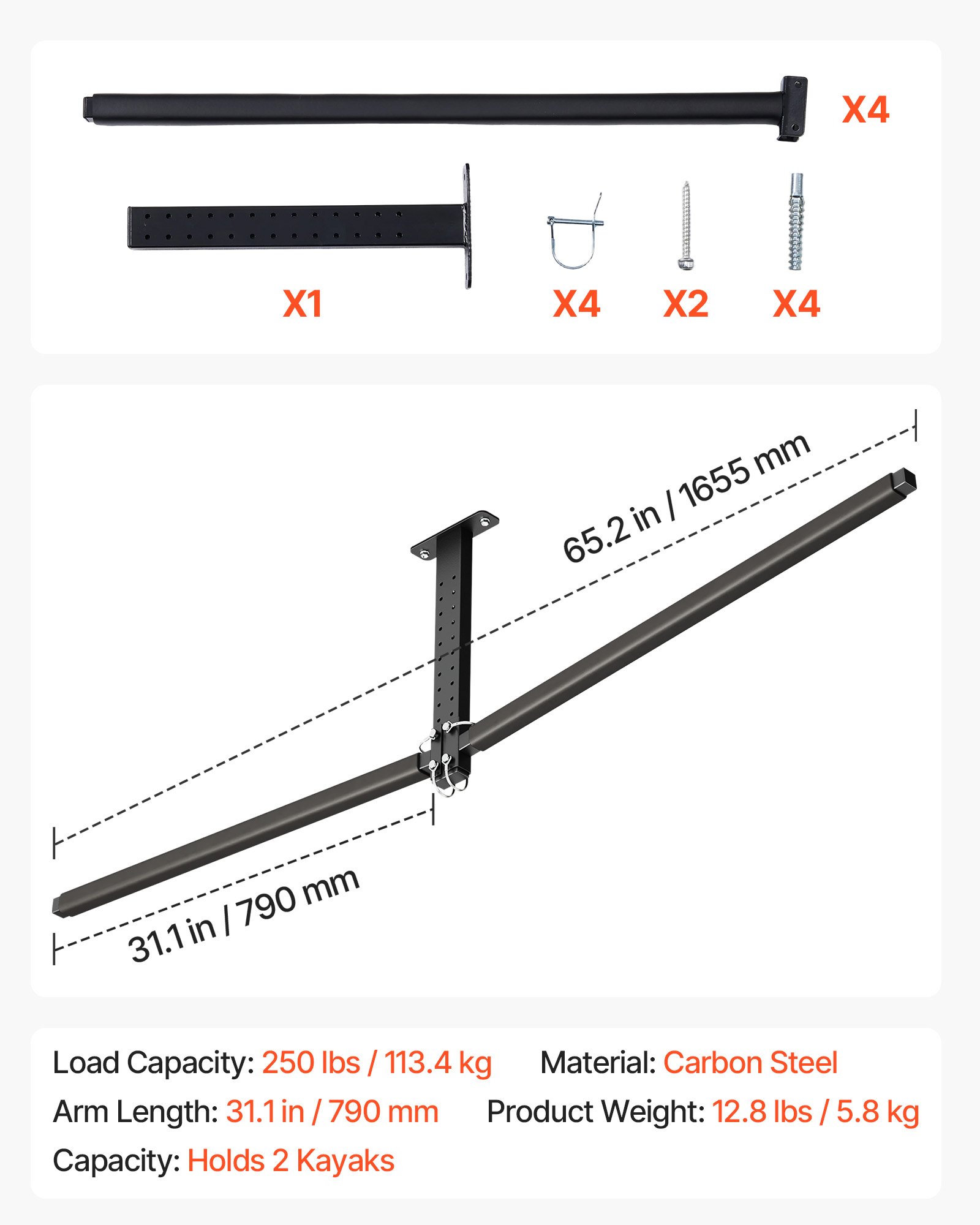 Kayak Storage Rack For 2 Kayaks, Holds Up To 250 Lbs, Heavy Duty Adjustable Ceiling Rack For Garage Ceiling Mount, Overhead Garage Storage Hanger For Canoe, Ladder, SUP, Surfboard & Paddleboard
