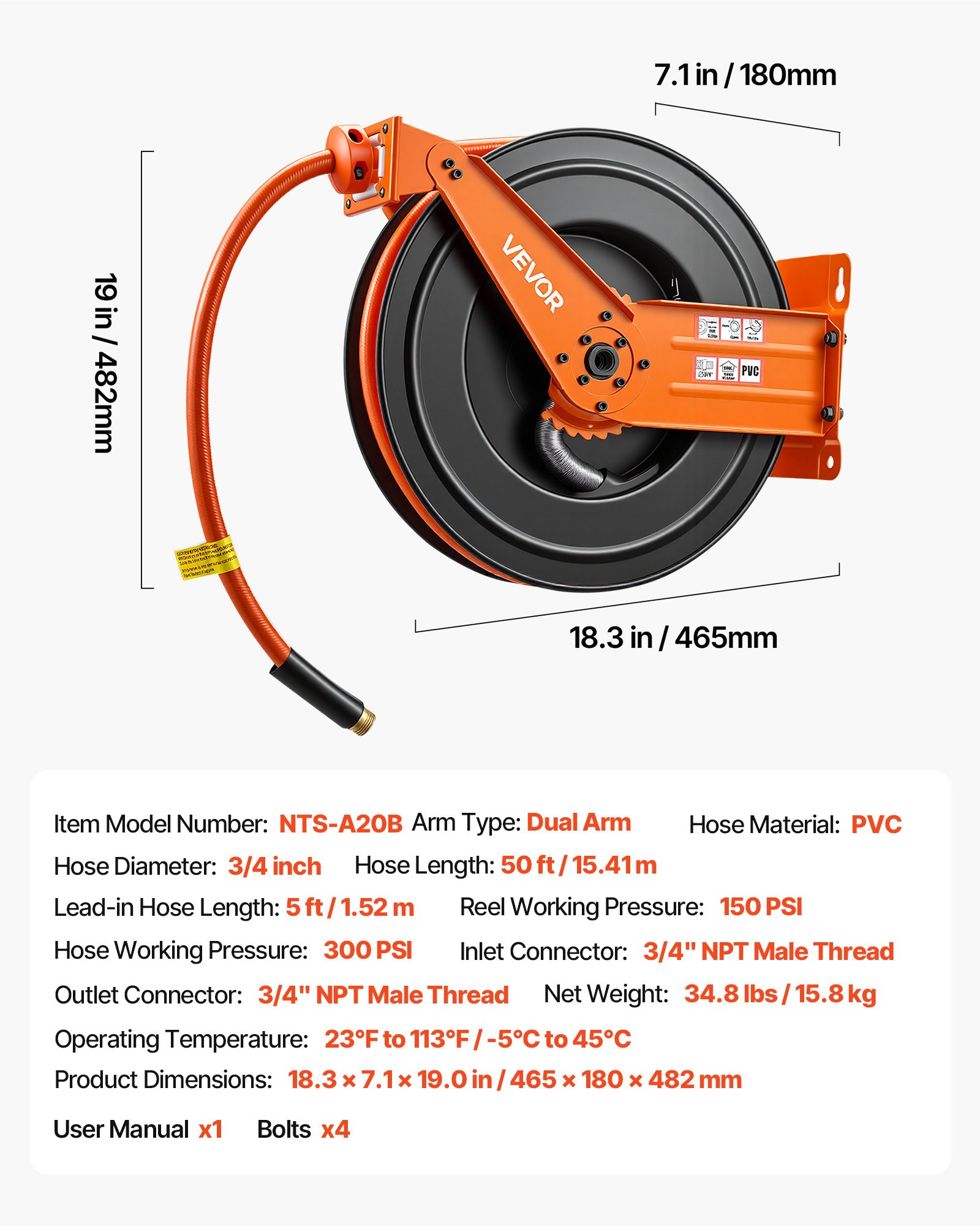 Carrete retráctil para manguera de aire, 3/4 pulgada x 50 pies, PVC, 300 PSI
