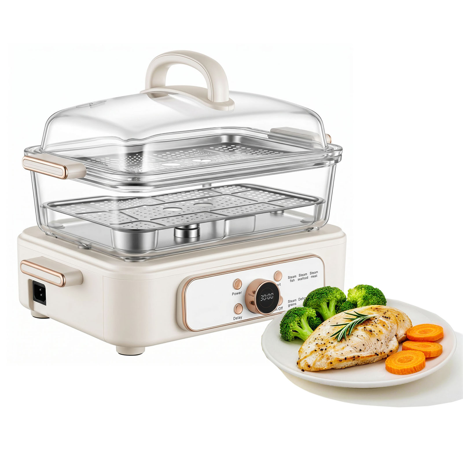 Electric Food Steamer 6.3 QT Glass With 2-Tier Stainless Steel Trays, 1200W Vegetable Steamer For Cooking, 1-3 Servings, Pre-Programmed Settings, Delay Start, For Veggies, Seafood & Rice, White