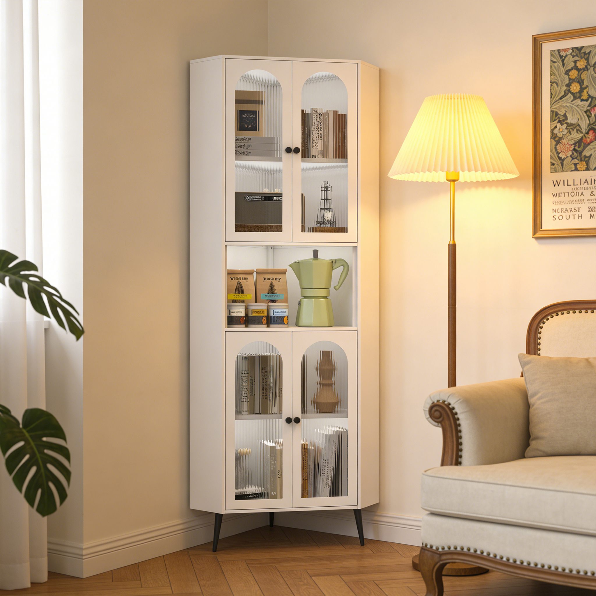 Gabinete esquinero de metal de 73 pulgadas con puertas y estantes ajustables blanco