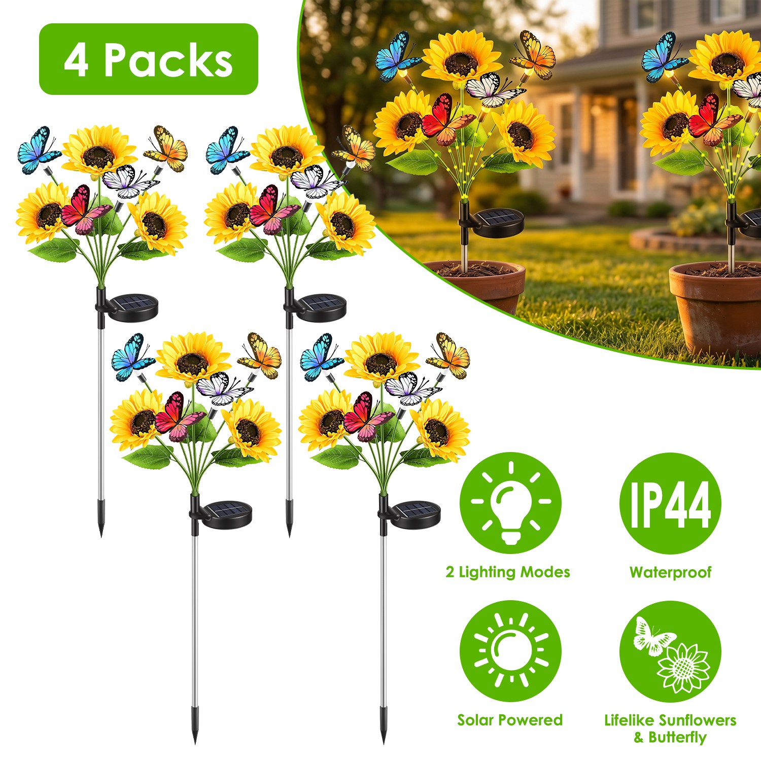 4Pcs Solar Sunflower Lights Outdoor Waterproof Warm White Solar Landscape Lights With 2 Lighting Modes IP44 Decorative Solar Flower Lights For Yard Patio Pathway Lawn