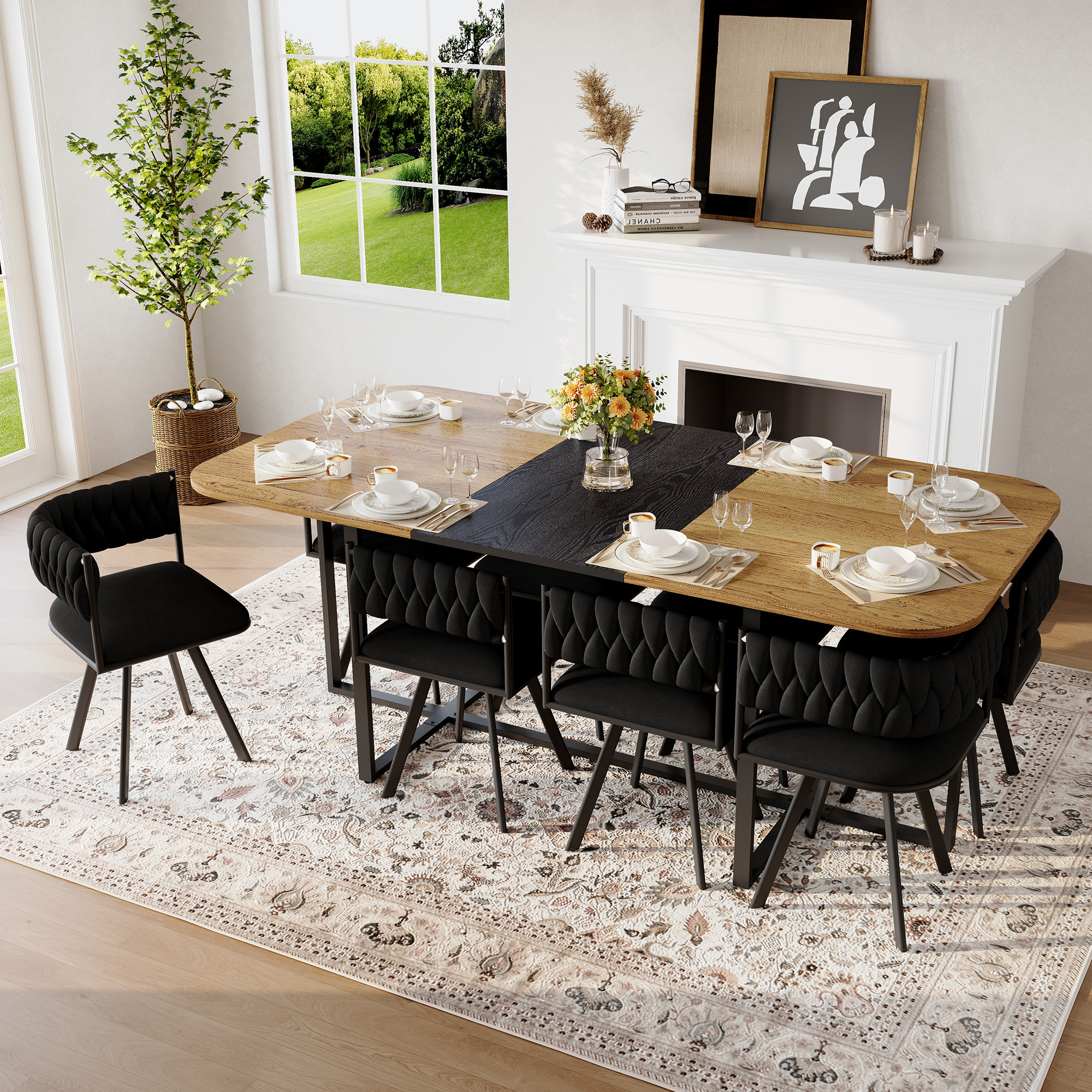 9-Piece Square Dining Table Set, Fixed Two-Tone Wood Grain & Black Wood Grain Triamine Tabletop With 8 Black Velvet Chairs, Modern Kitchen Table Set For 8 People, Ideal For Family Gatherings