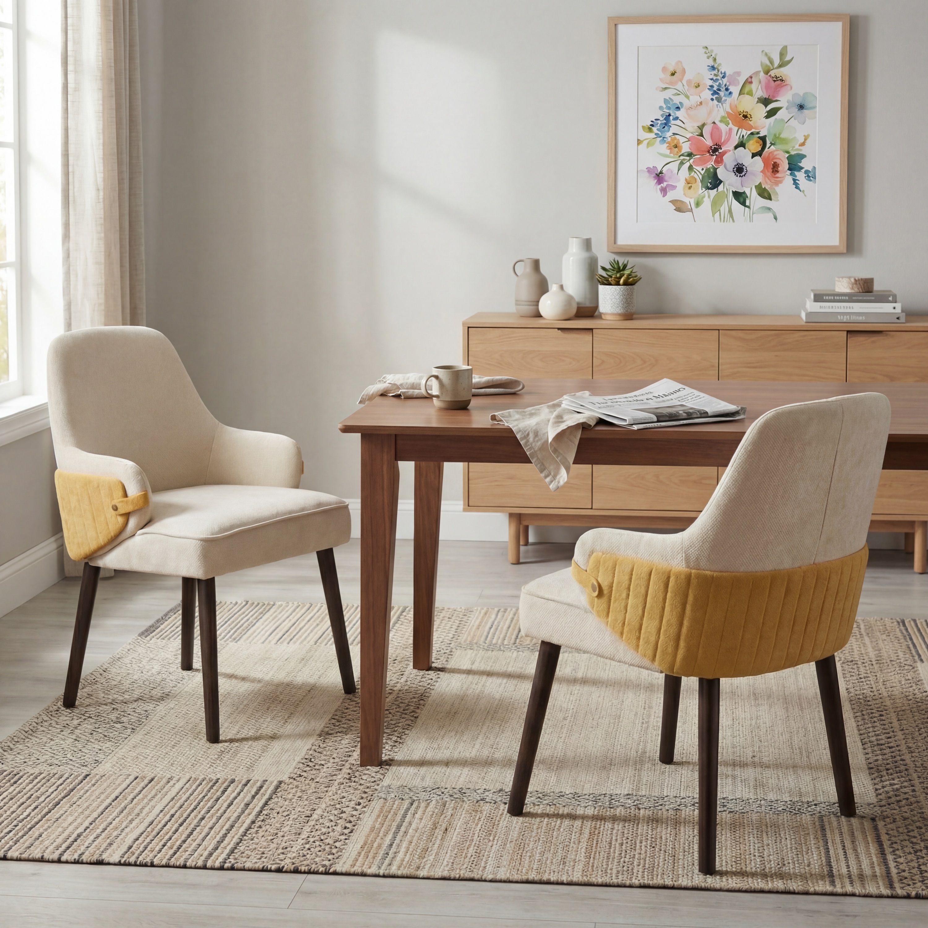 Set de 2 sillas de comedor con reposabrazos, tela bicolor beige/amarillo, soporta 300 libras