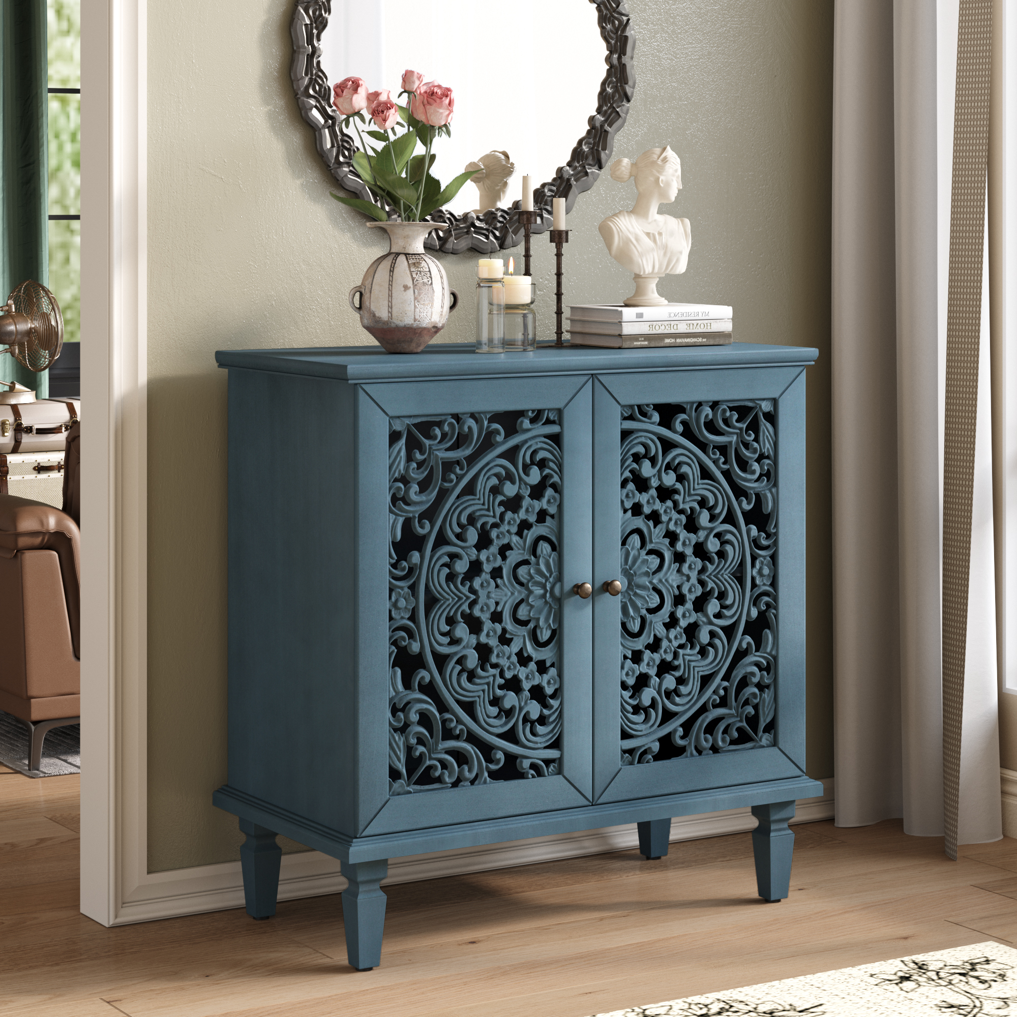 Vintage Hollow-Carved Accent Cabinet, 2-Door Display Storage Sideboard With Symmetrical Floral Design, Adjustable Shelf And Solid Wood Legs For Living Room Entryway Antique Blue