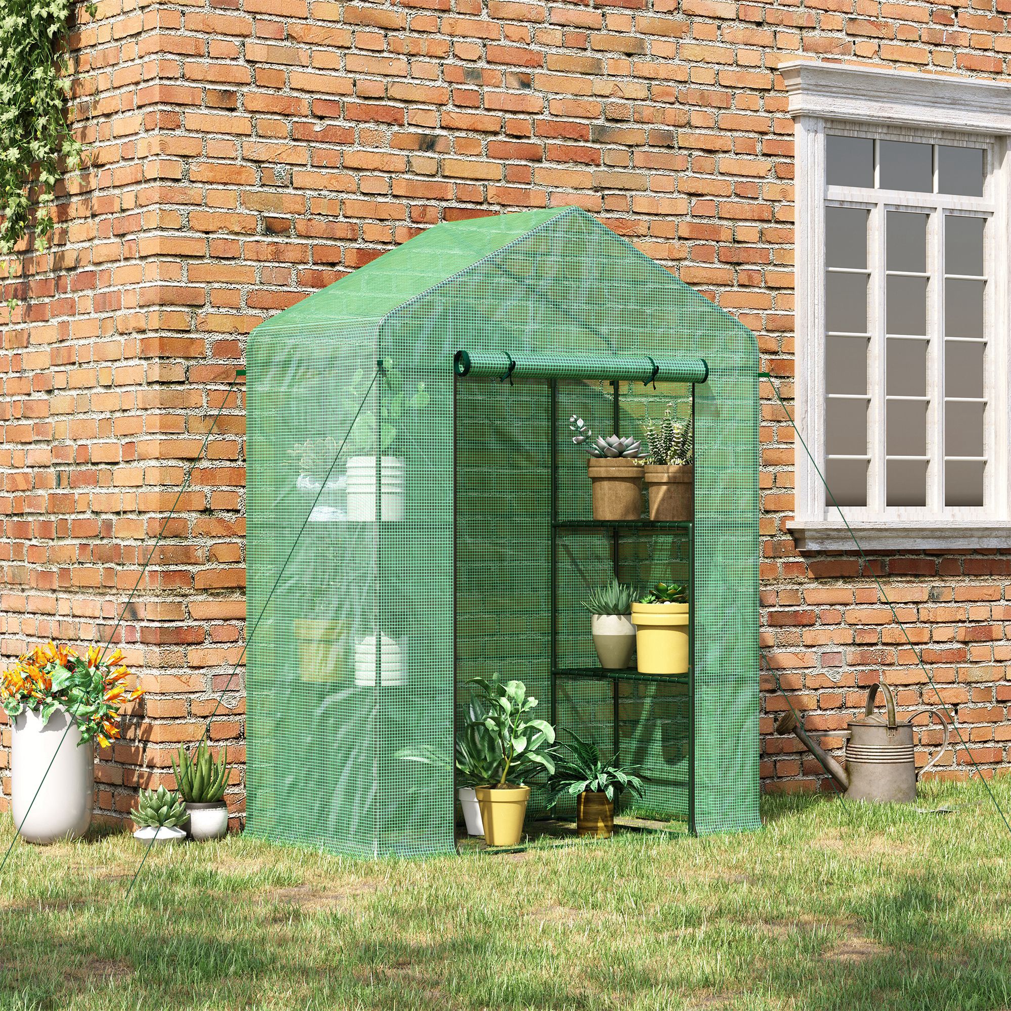 Invernadero de jardín 56x29x77 pulgadas, 3 estantes, puerta enrollable, cubierta PE, verde