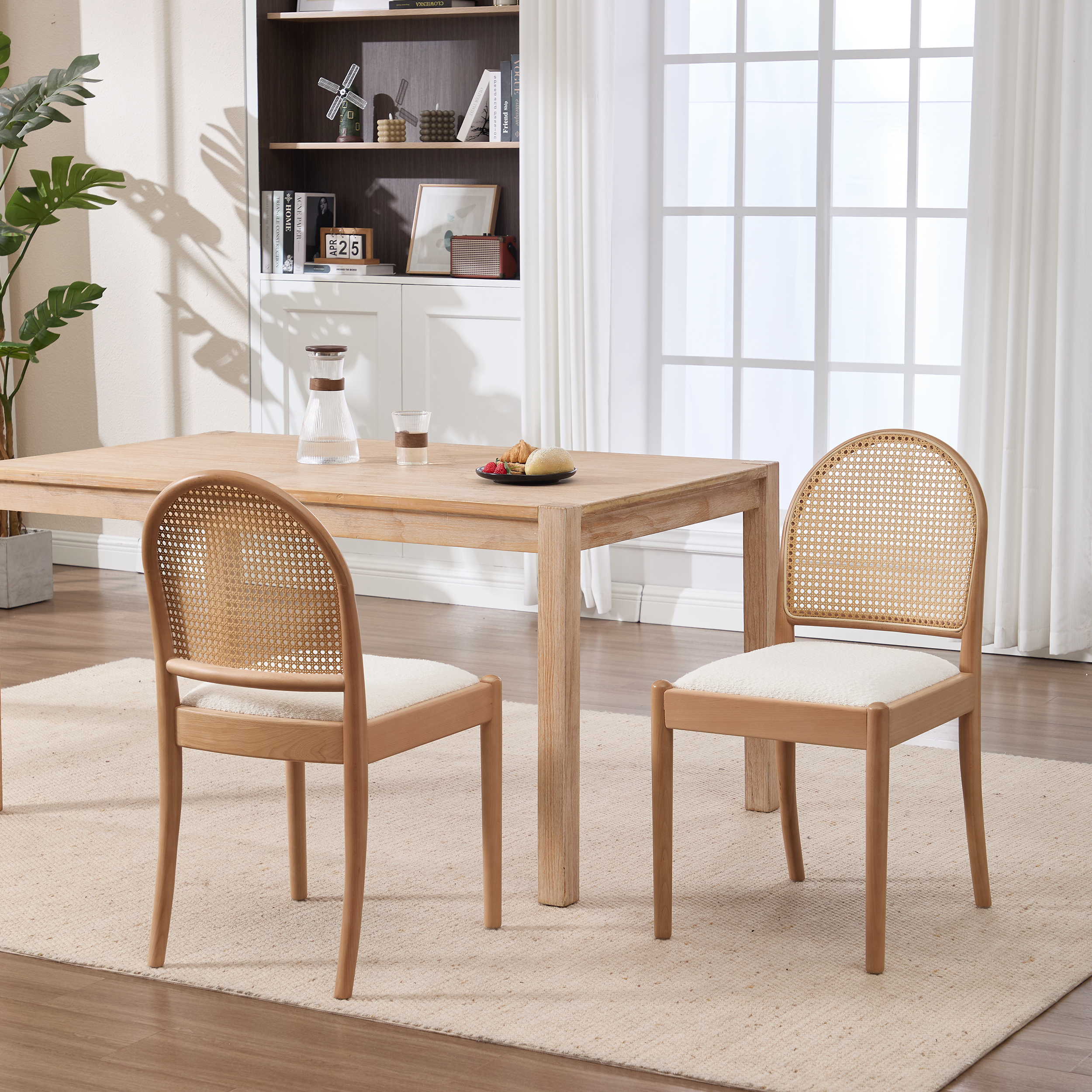 Sillas de comedor de ratán, juego de 2, tapizadas en lino con patas de madera, beige