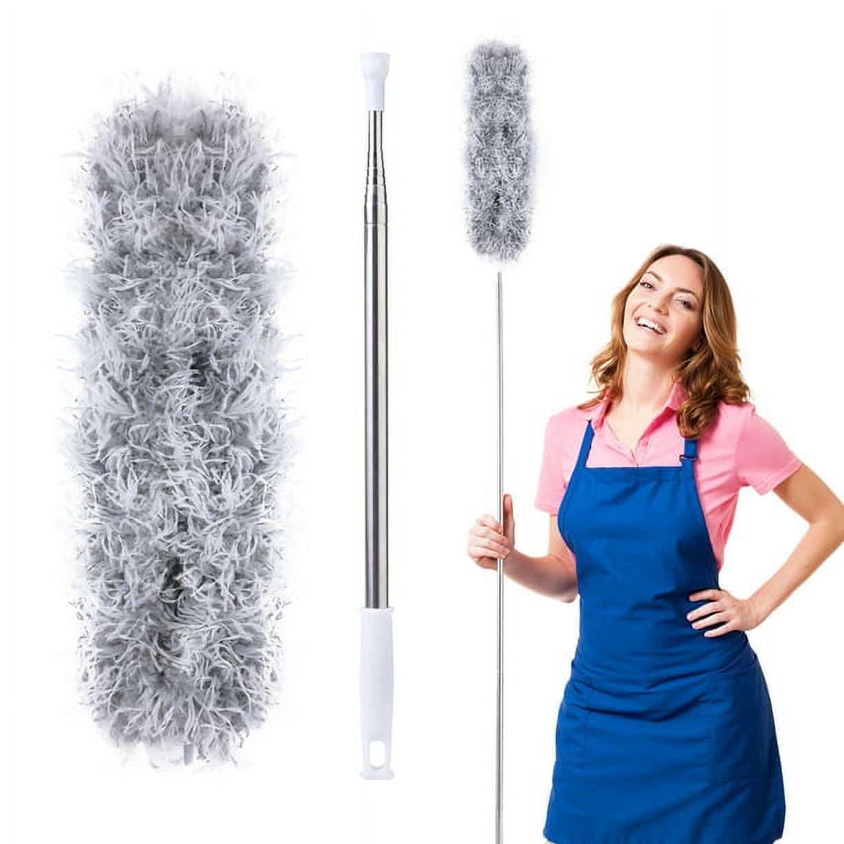 Plumero extensible con cabeza flexible para limpieza de techos y muebles, gris