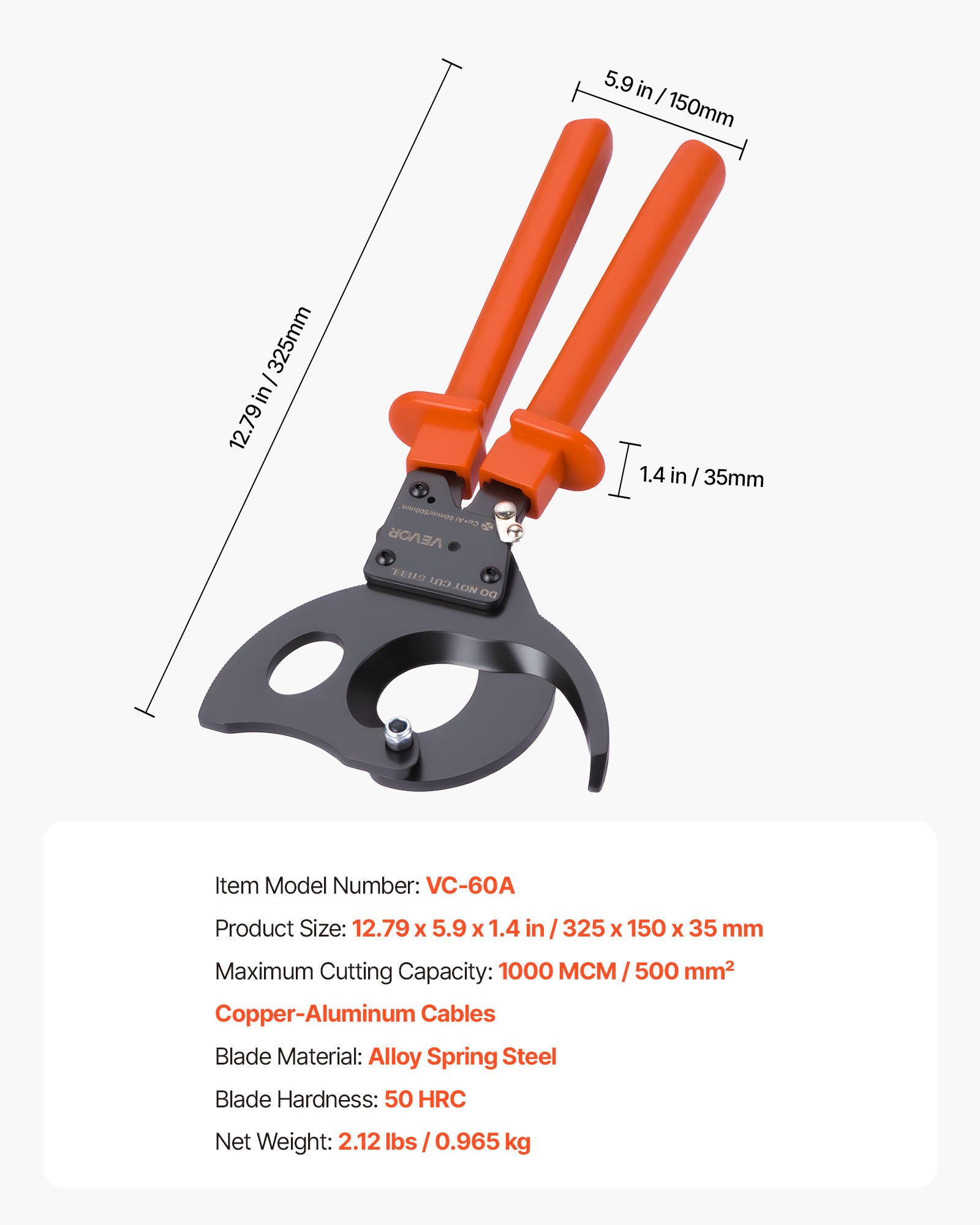 Cortacables de trinquete de alta resistencia, para cobre y aluminio hasta 500 mm².