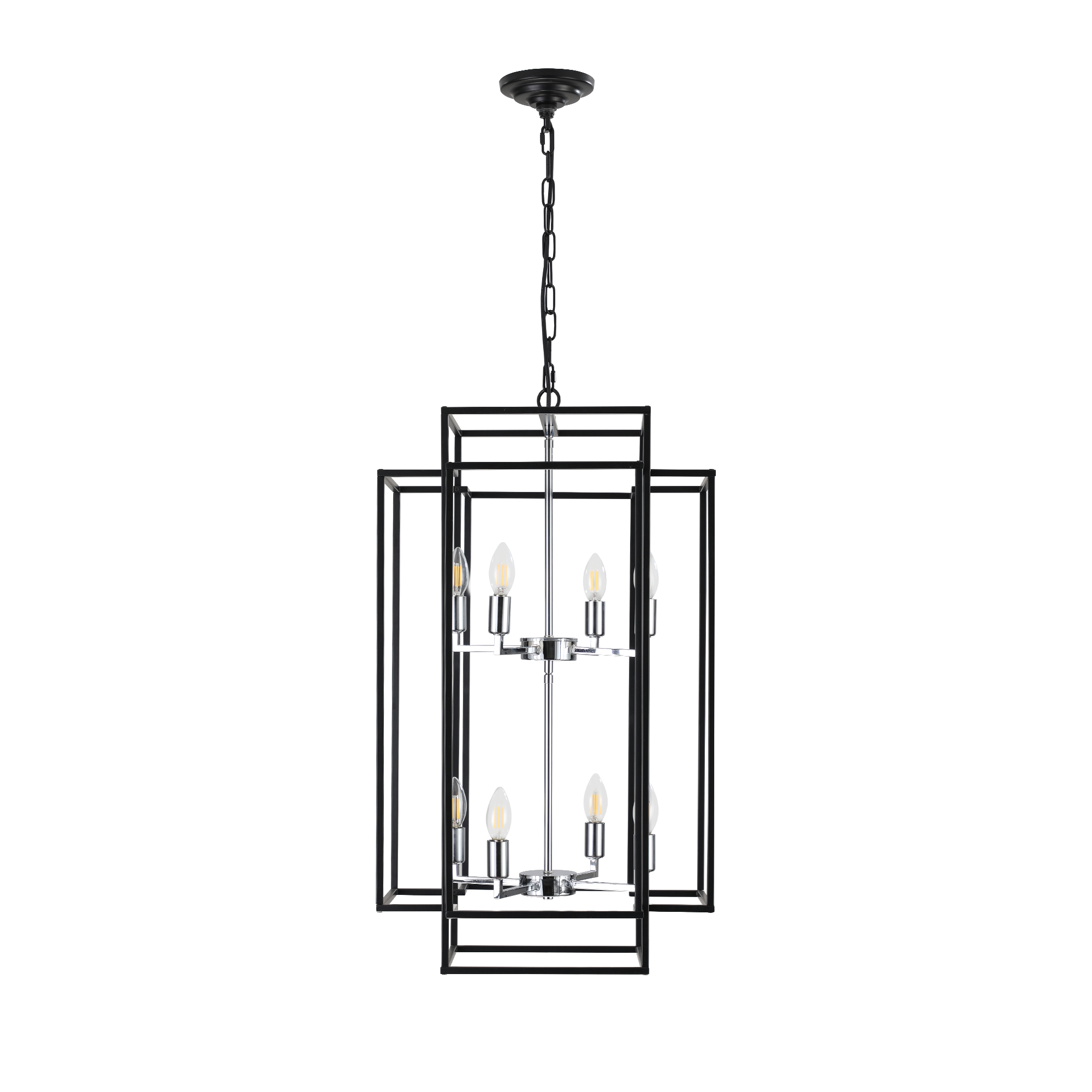 18 Modern 8-Light Black & Chrome Geometric Pendant Chandelier, Industrial Metal Frame, Adjustable Hanging Light For Living Room, Dining Room, Kitchen No Bulbs