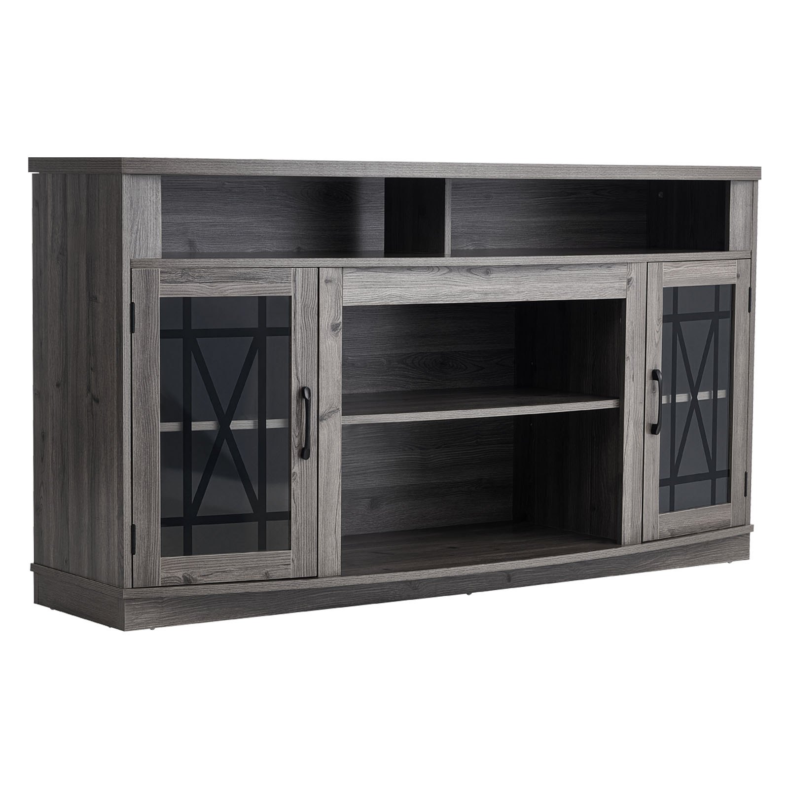 TV Stand For TVs Up To 65 Inch, Farmhouse Entertainment Center With Light Strip, Wooden TV Cabinet Storage With Glass Doors And Adjustable Shelves, Console Table For Living Room, Bedroom, Gray