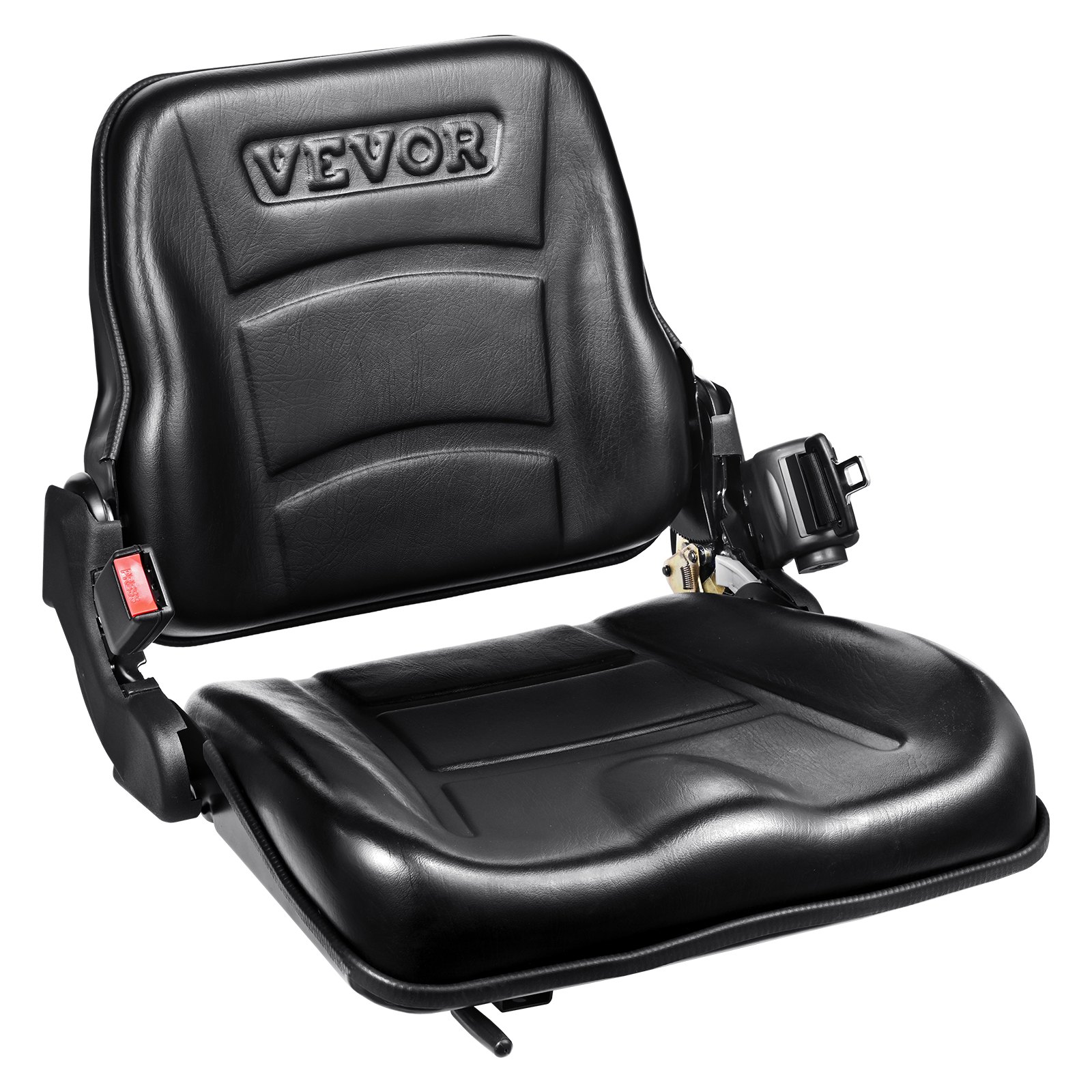 Asiento universal para montacargas, plegable, respaldo ajustable, cinturón retráctil.