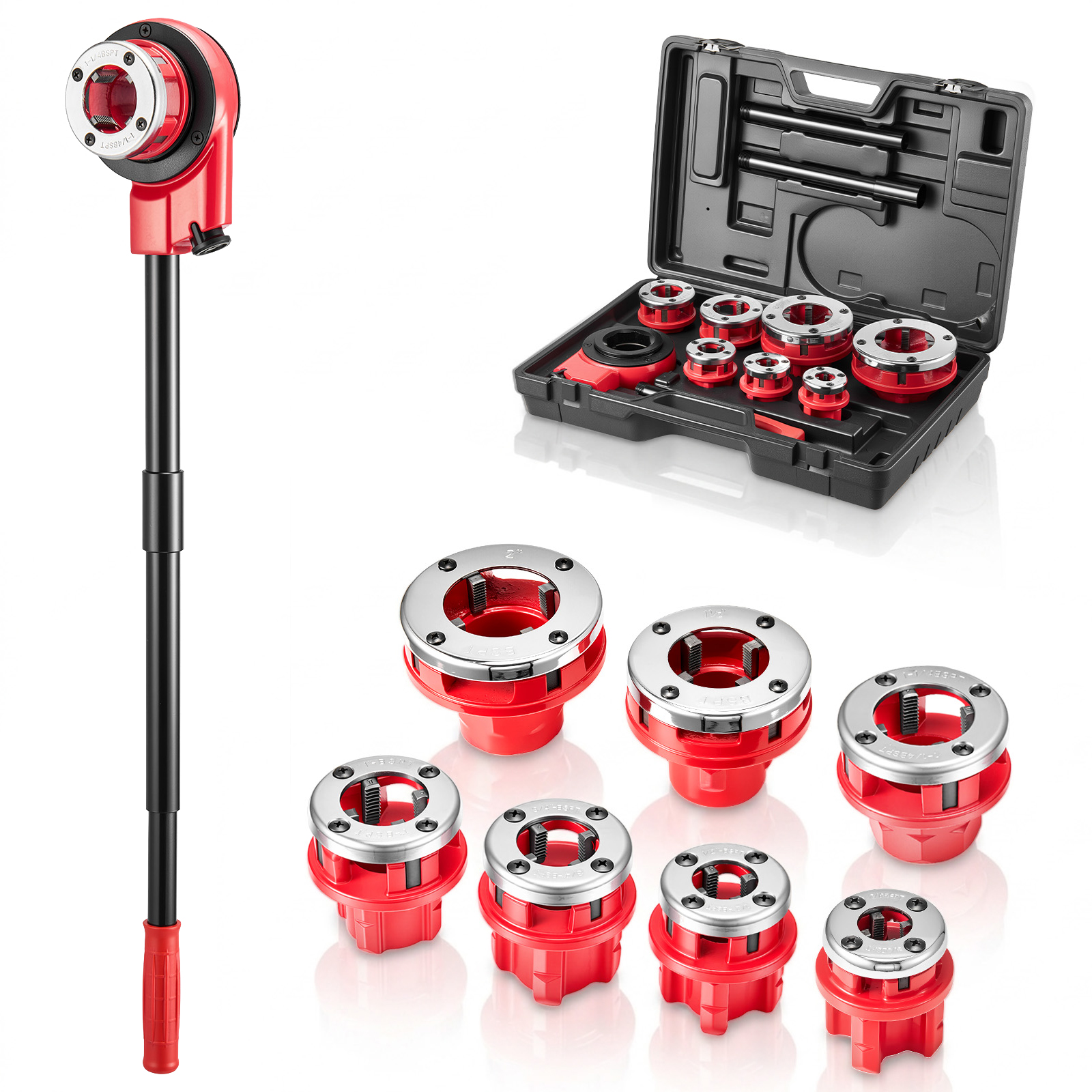 Kit de terraja de trinquete manual para tuberías, 7 dados (3/8" a 2" BSPT), con caja