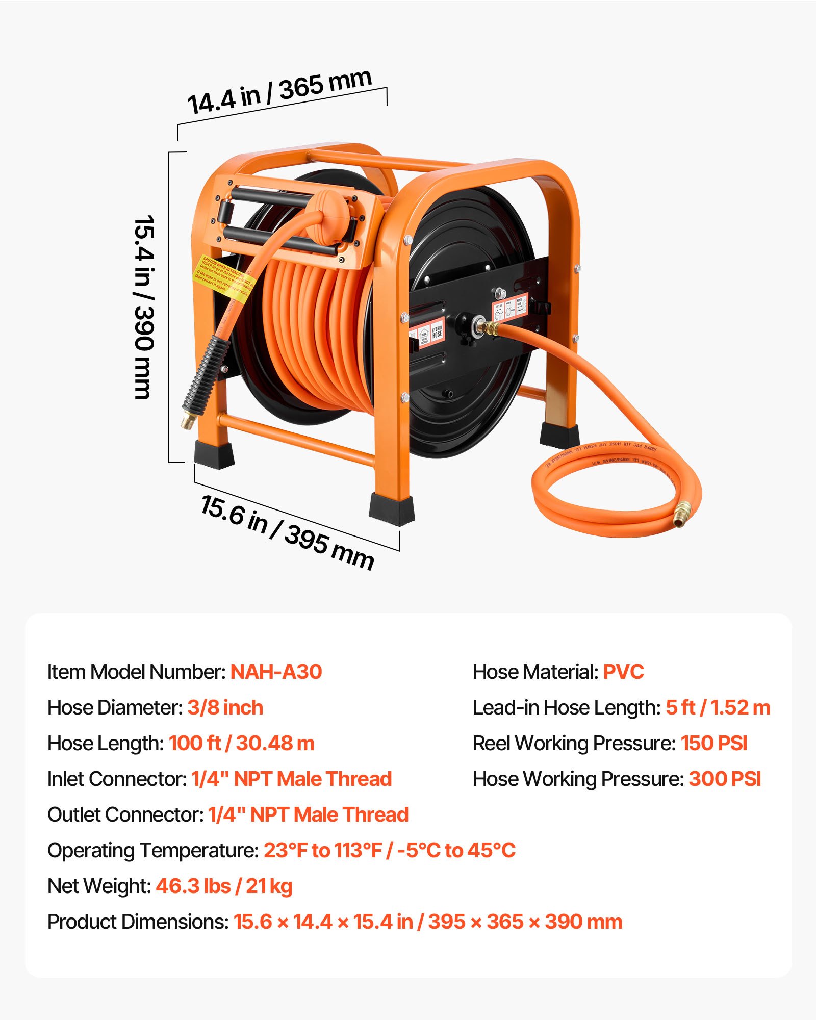 Carrete retráctil para manguera de aire PVC 3/8 pulg. x 100 pies, 300 PSI, portátil.