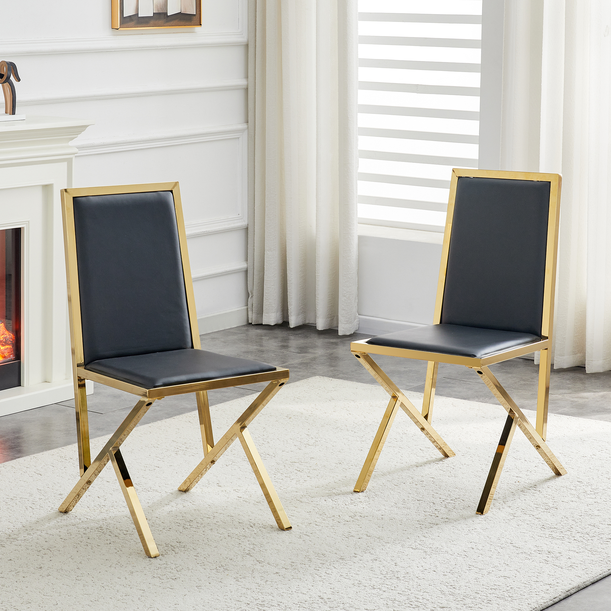 2-pack Gold Metal Framed Black PU Dining Chairs Ergonomic Design, A Simple And Luxurious Choice.Featuring Uniquely Designed Gold Metal Legs.
