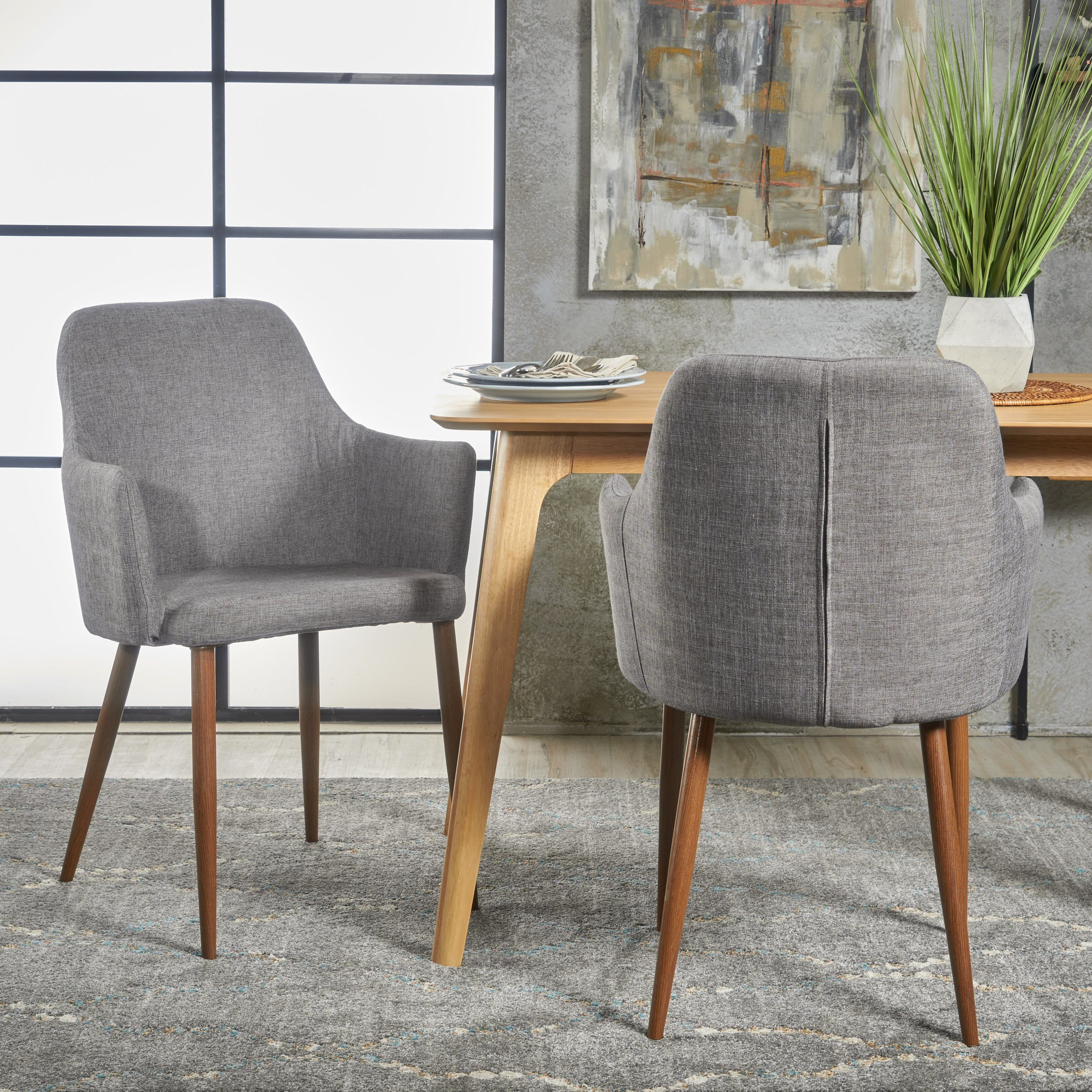 Juego de 2 sillas de comedor Mid Century Modern tapizadas en tela, gris claro
