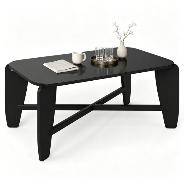 Modern Rectangular Coffee Table, Engineered Wood Center Table With Rubber Wood Cross Leg Base, 132 LBS Capacity Minimalist Sofa Table For Living Room Home Office Black