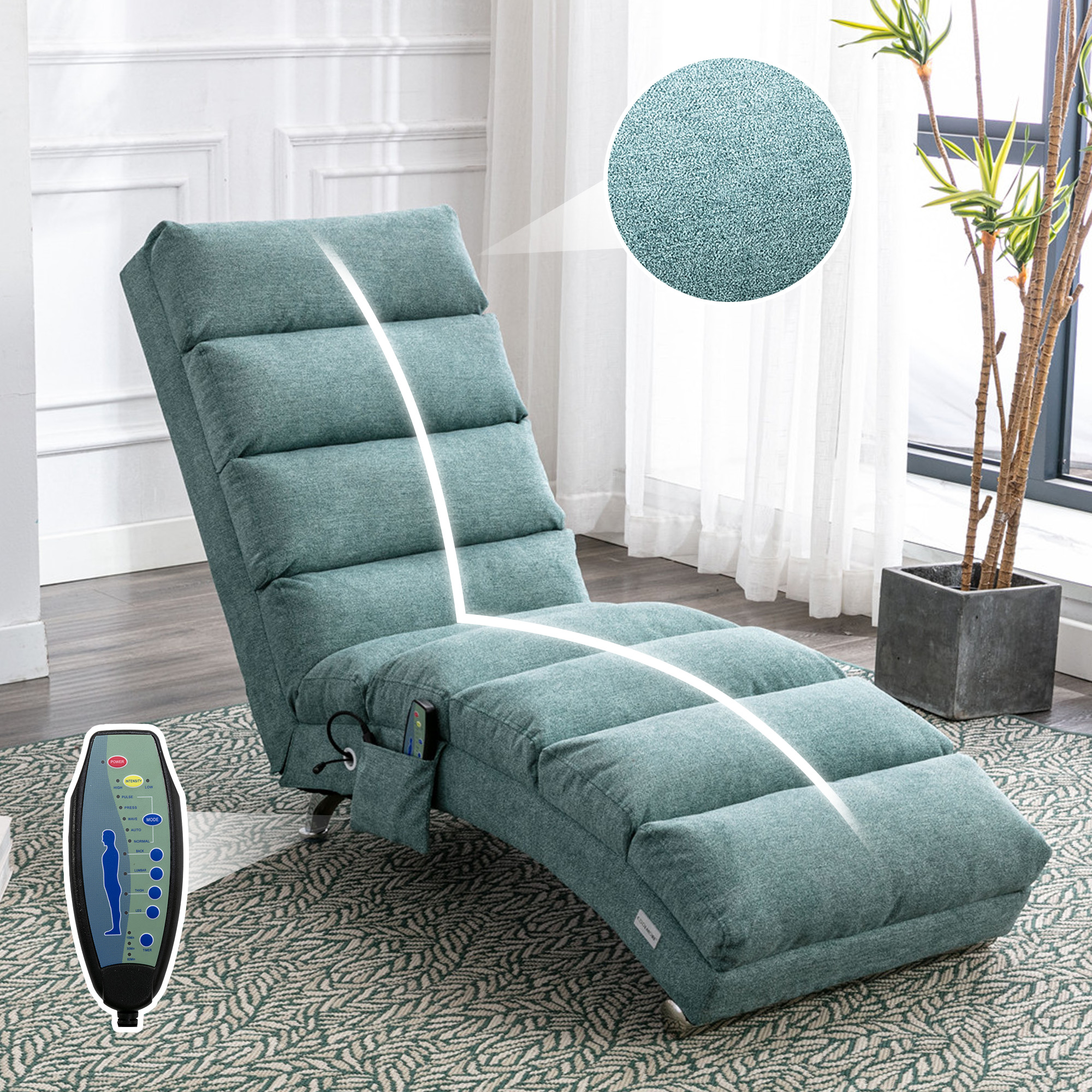 COOLMORE Luxury Upholstered Chaise Lounge Chair With Vibration For Relaxation, Modern Fixed Back Fabric Leisure Recliner Sofa For Living Room Bedroom