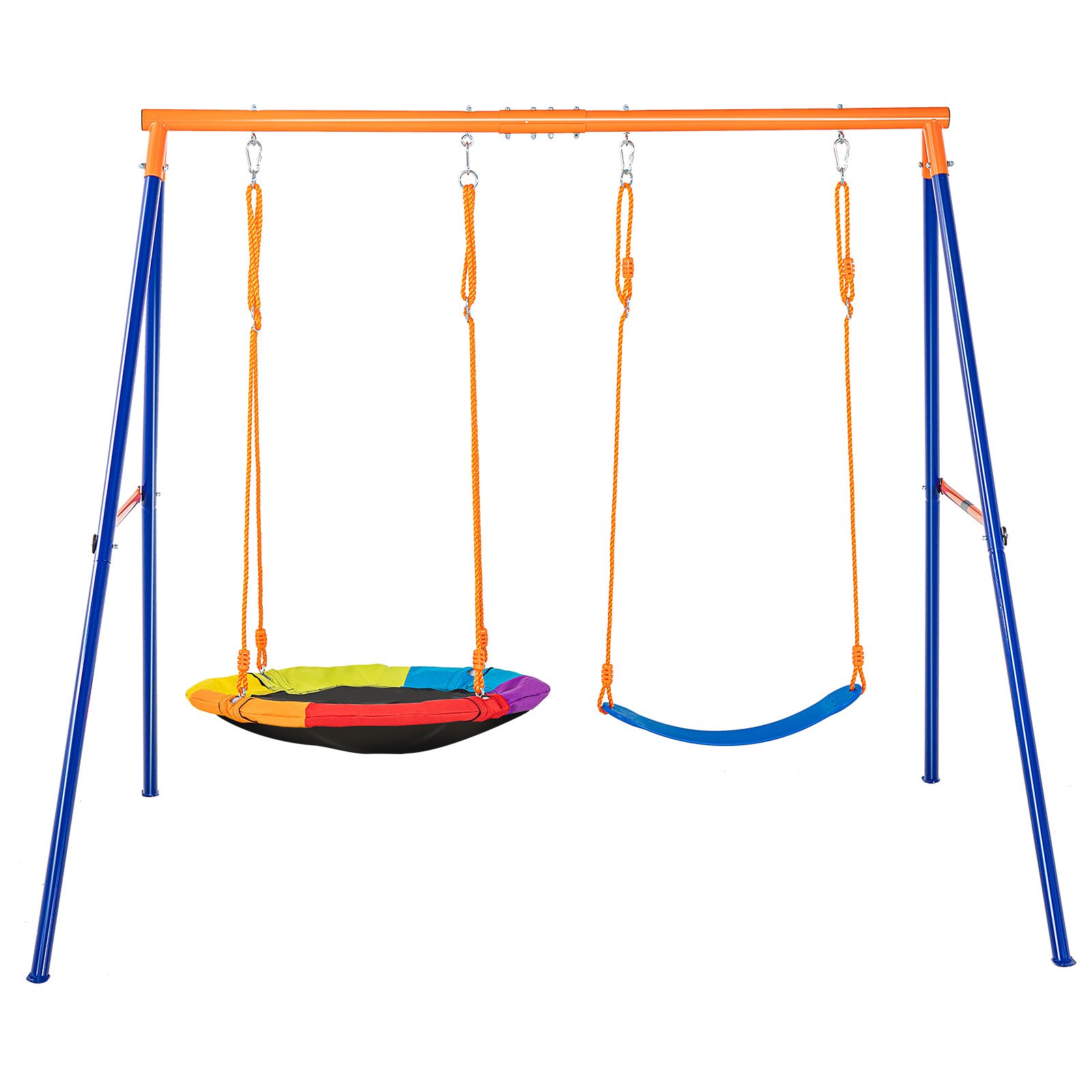 Columpio para jardín con 1 asiento de disco, 1 asiento de cinturón y soporte de metal.