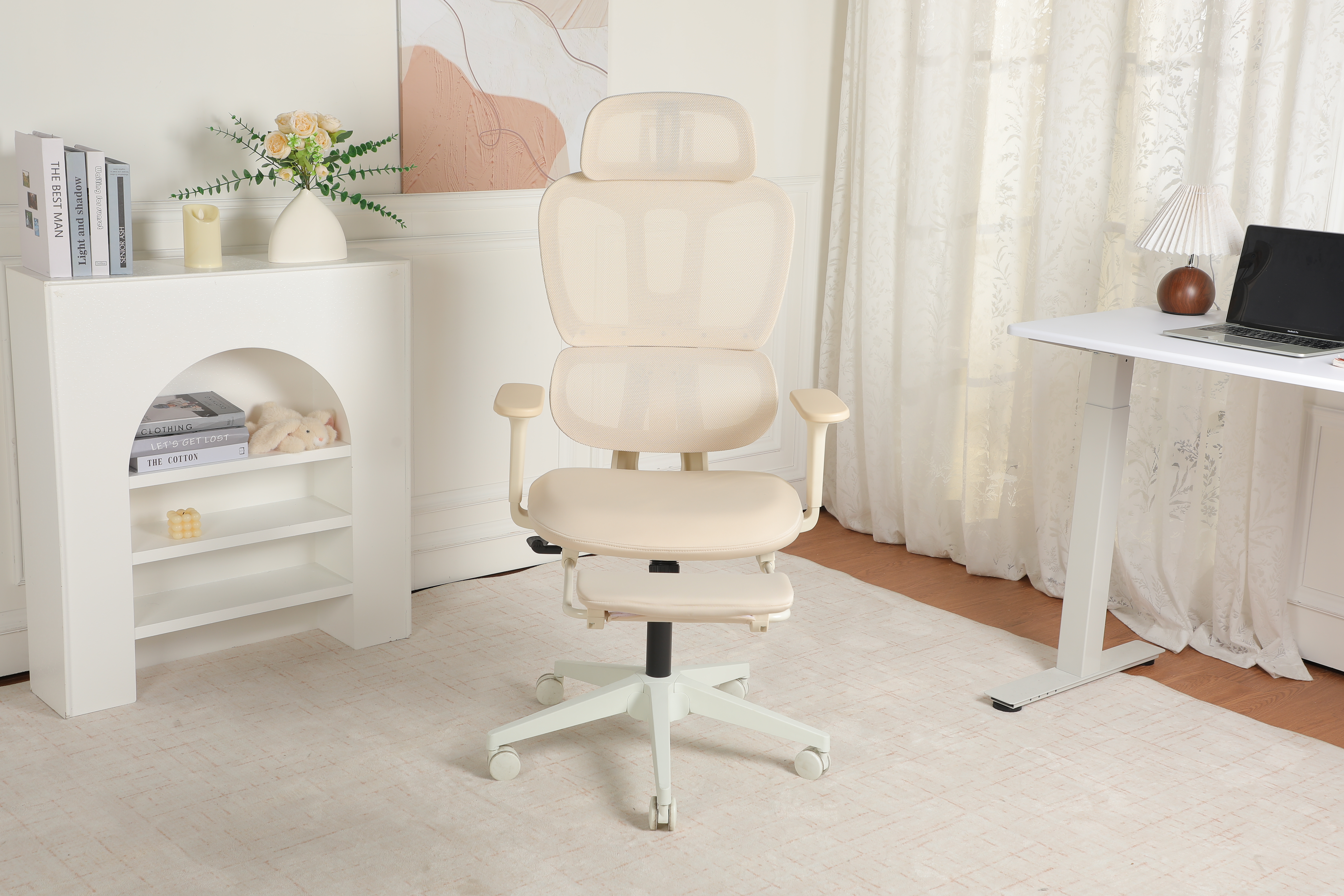 Ergonomic Office Chair With Footrest, High-back Computer Chair With Dynamic Lumbar Support, 2D Headrest & 4D Armrests, Sponge Cushion & Mesh Back, Home Office Chair For Adults, Cream.