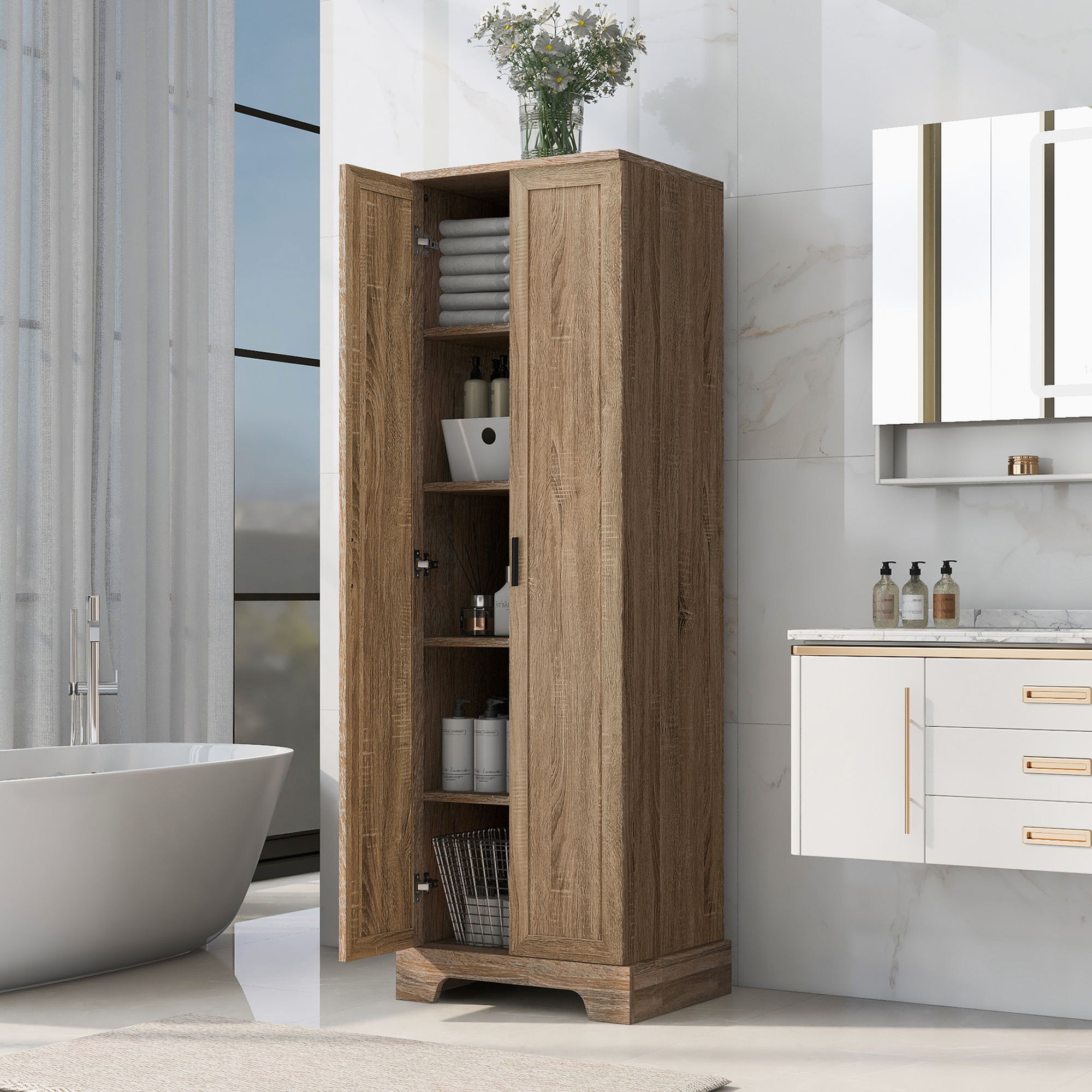 Gabinete de almacenamiento con dos puertas, estante ajustable, MDF, marrón.