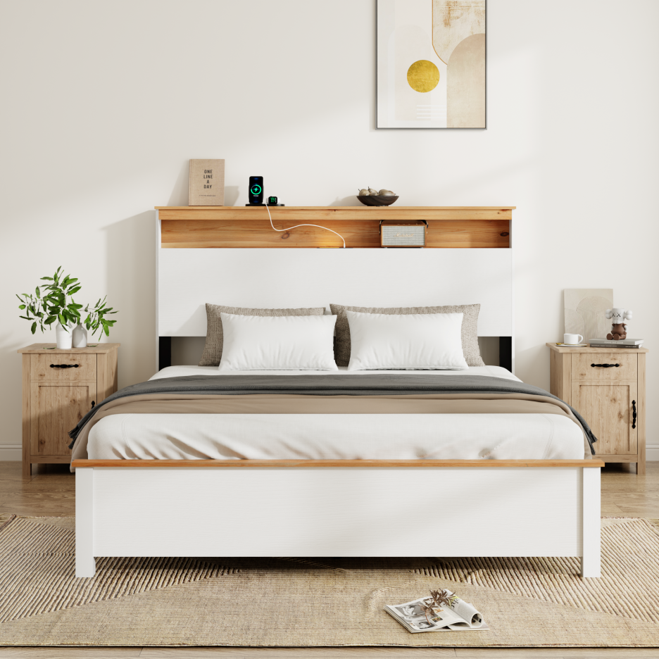Base de cama Queen de madera rústica con cabecero de almacenamiento y carga, blanco