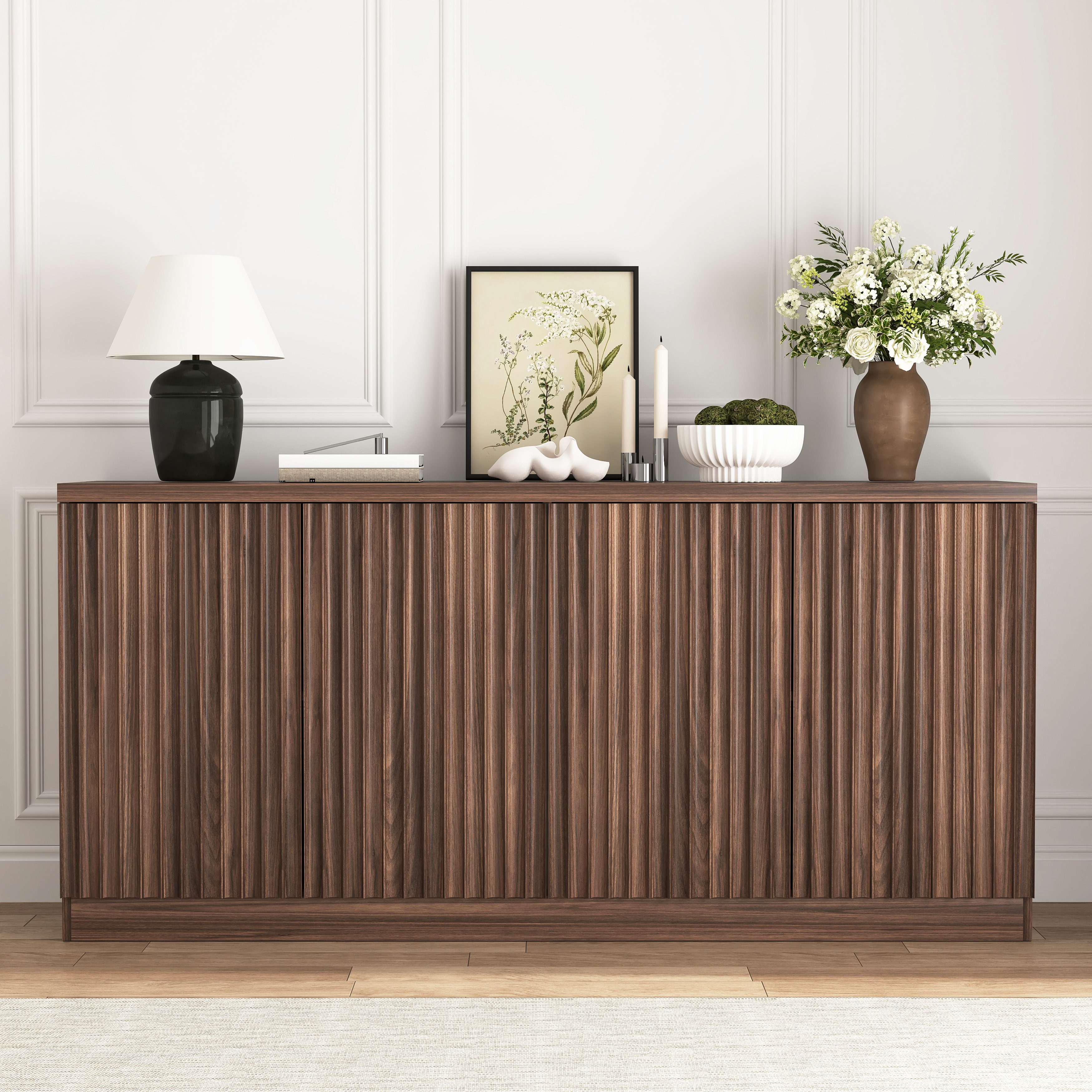 Aparador de madera de 62.60 pulgadas con 4 puertas, estantes y almacenamiento, nogal