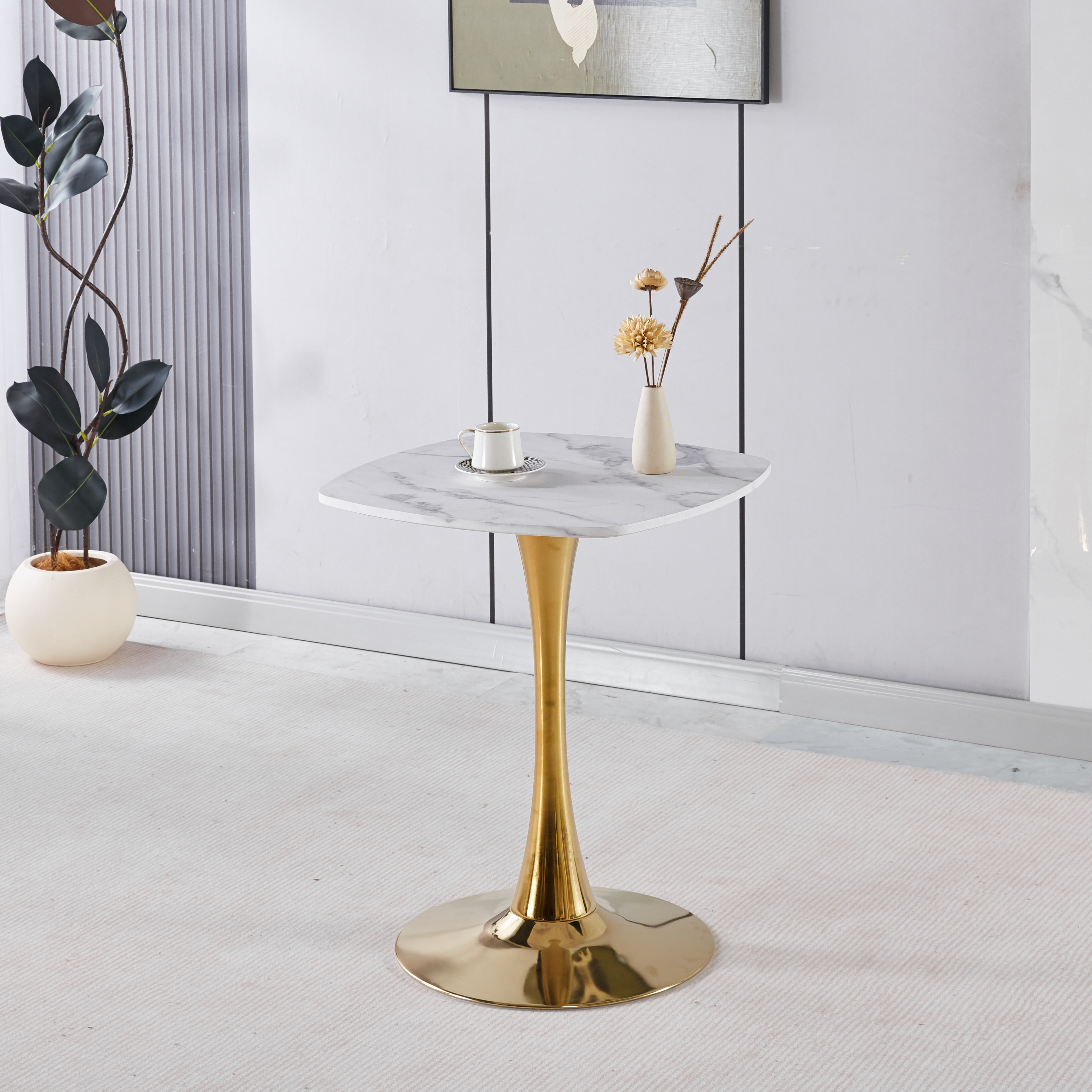 Square Tulip Dining Table For 2-4 Persons, 24 Inch Small Kitchen Table With Sturdy Golden Metal Pedestal Base, Modern Bistro Table For Small Space, Apartment, Cafe, Office, Living Room  White & Gold