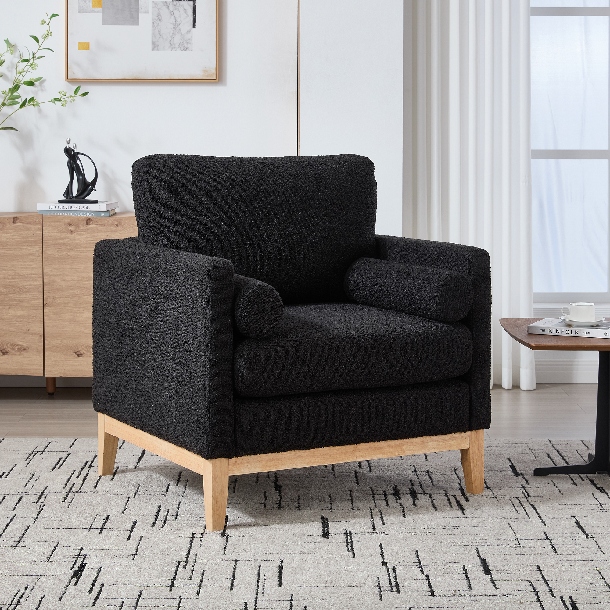 Silla decorativa moderna de 35.4 pulgadas de ancho con patas de madera, bouclé negro