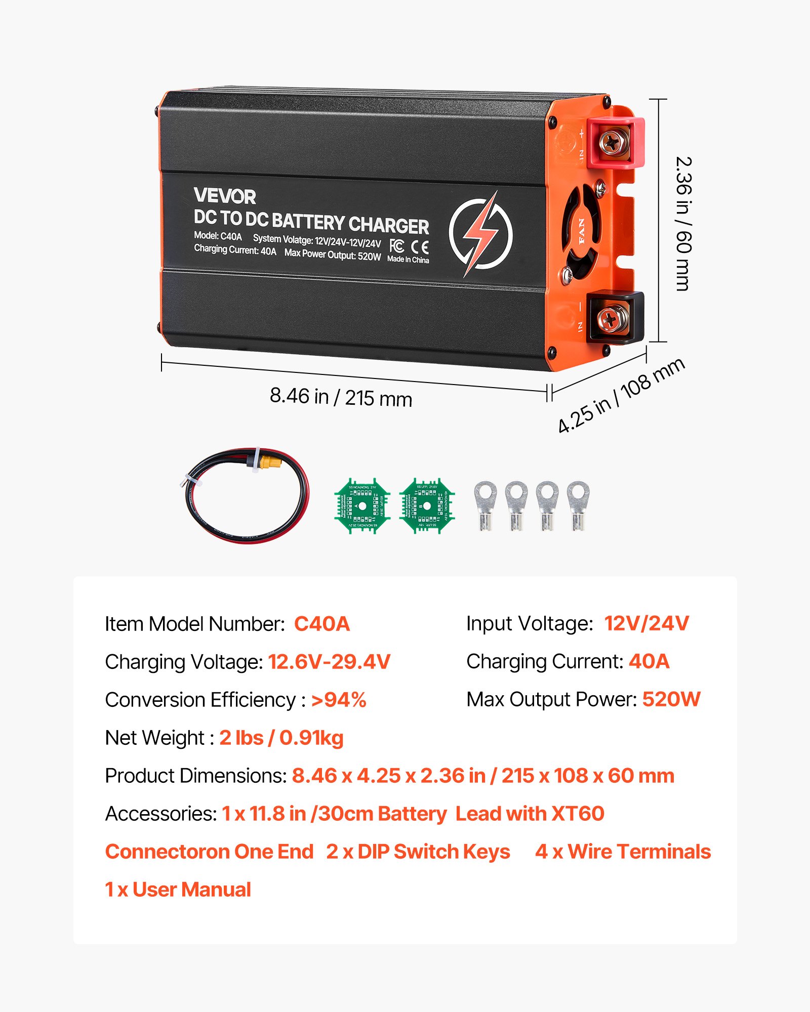Cargador de batería DC a DC 520W 40A, para LiFePO4, plomo-ácido, 12V/24V