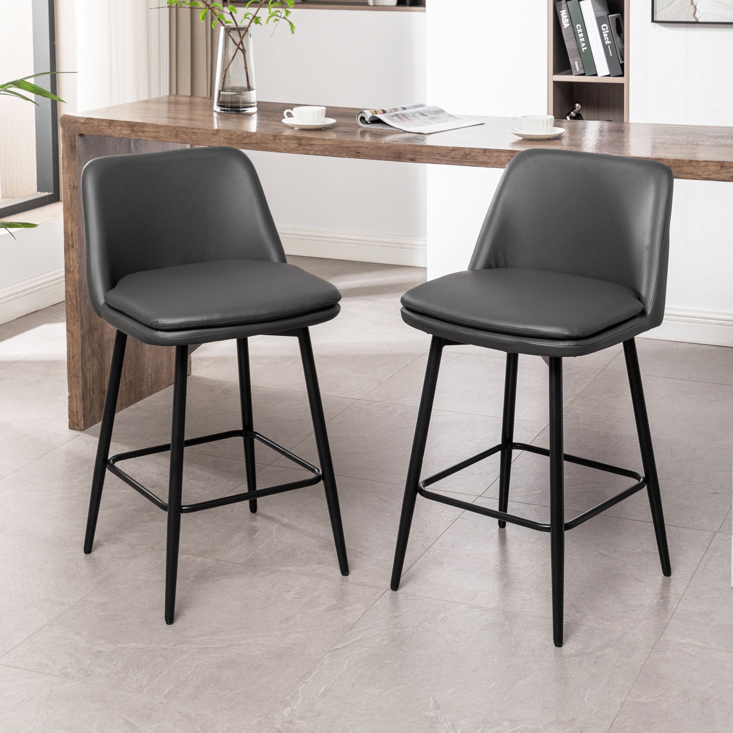 Juego de 2 taburetes de bar giratorios, altura asiento 25.6 pulg., gris.