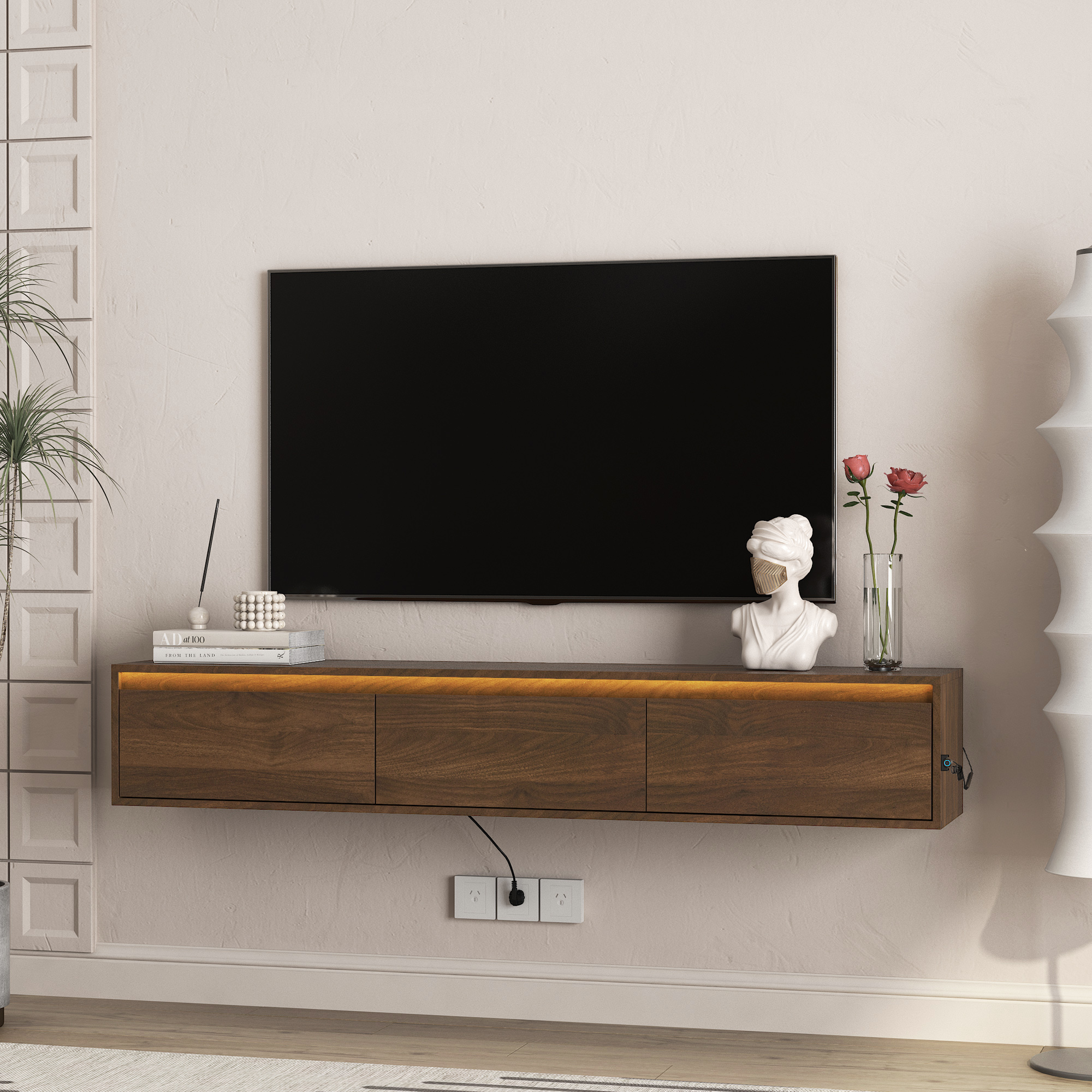 Mueble de TV flotante montado en pared con luces LED y tomacorriente
