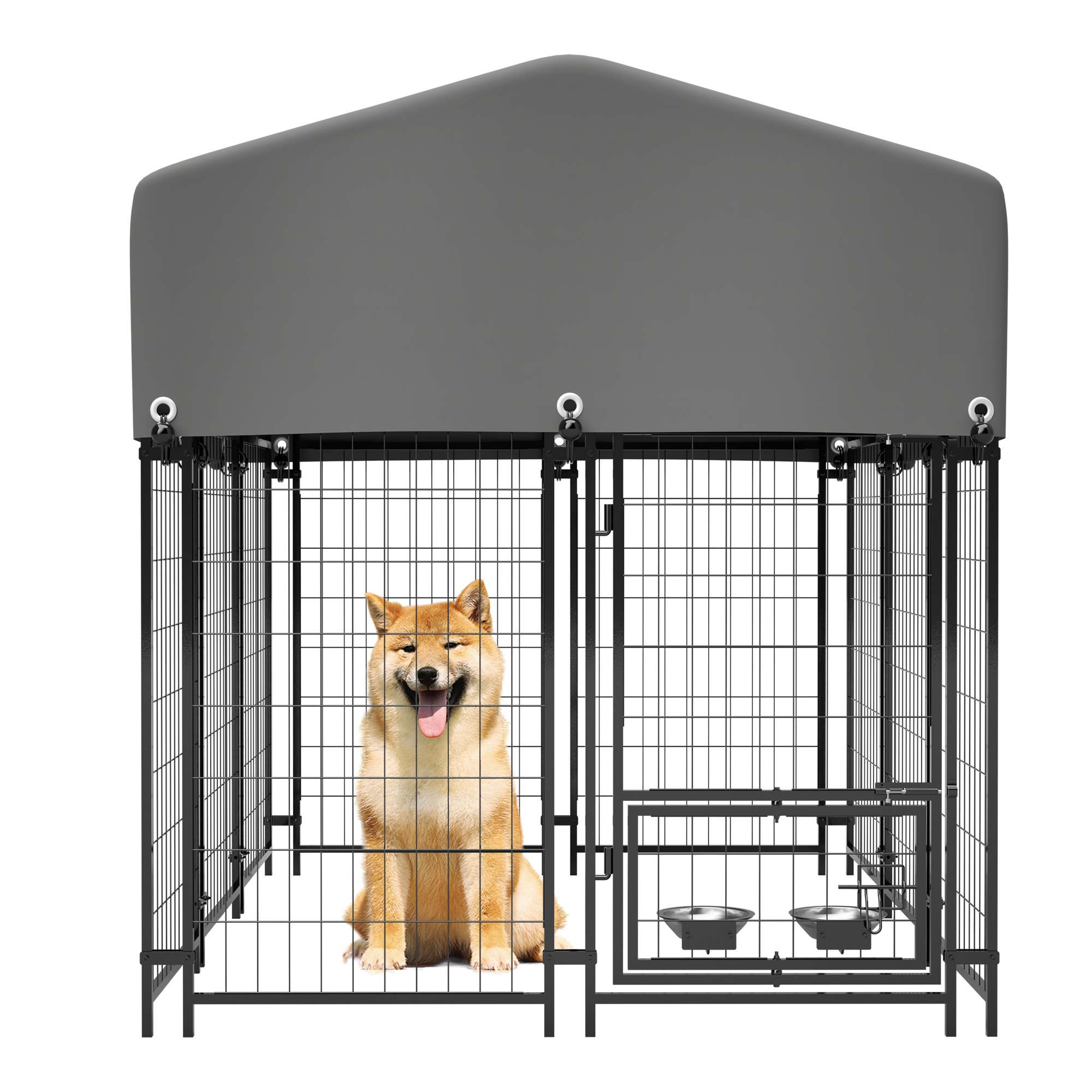 Dog Kennel Outdoor With Roof, 4.23'x5.82'x4.83' Welded Wire Enclosure, Heavy Duty Dog Crate With UV-Resistant Waterproof Cover, Double Lock & Rotating Feeder