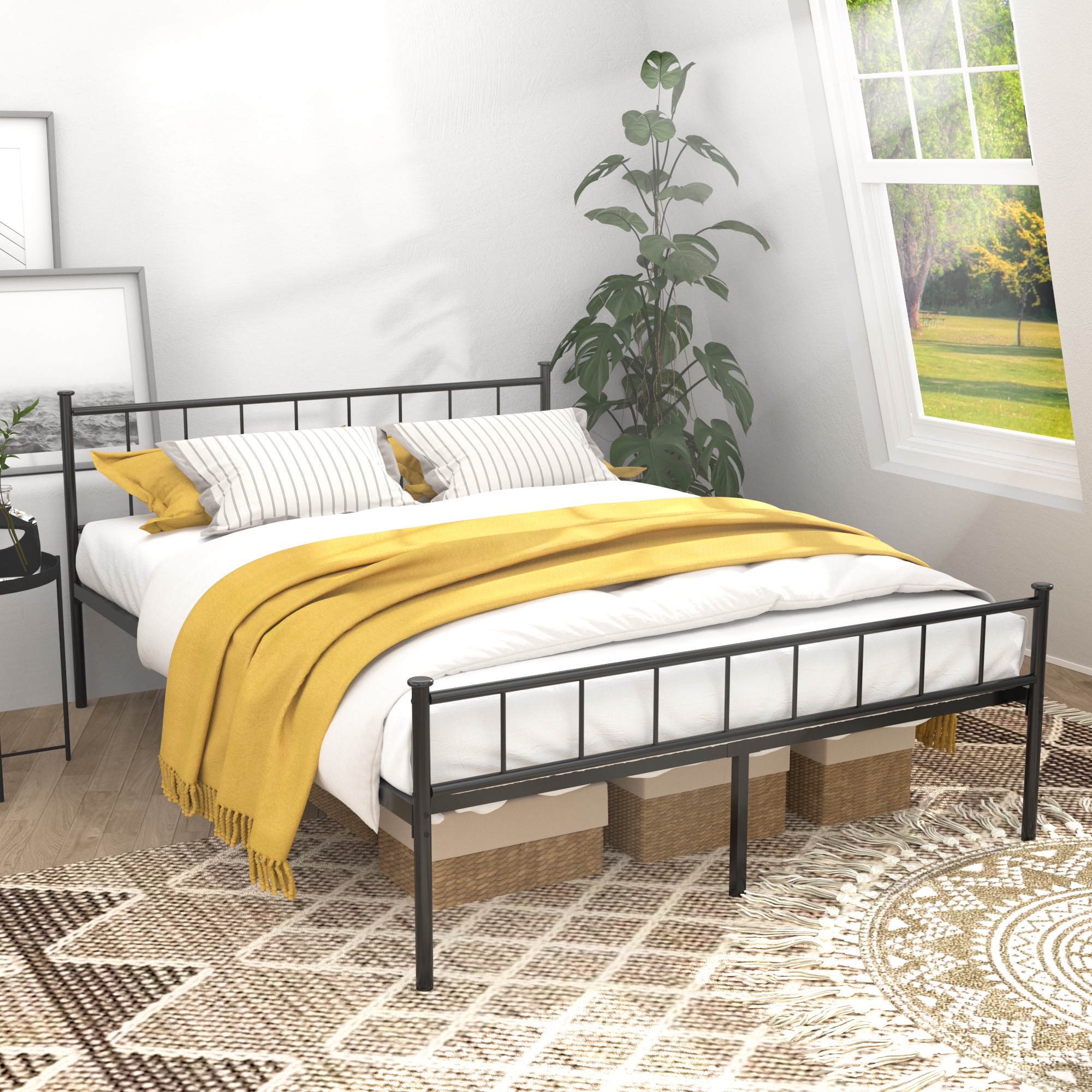 Base de cama Queen negra con cabecero y piecero, almacenamiento, no requiere somier