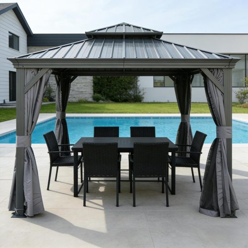 13x13FT Outdoor Gazebo, Hardtop Gazebo With Galvanized Steel Double Roof, Metal Gazebos With Drainage System Patio Pergola For Patio Deck Backyard,Curtain And Netting,Gray  On-Site