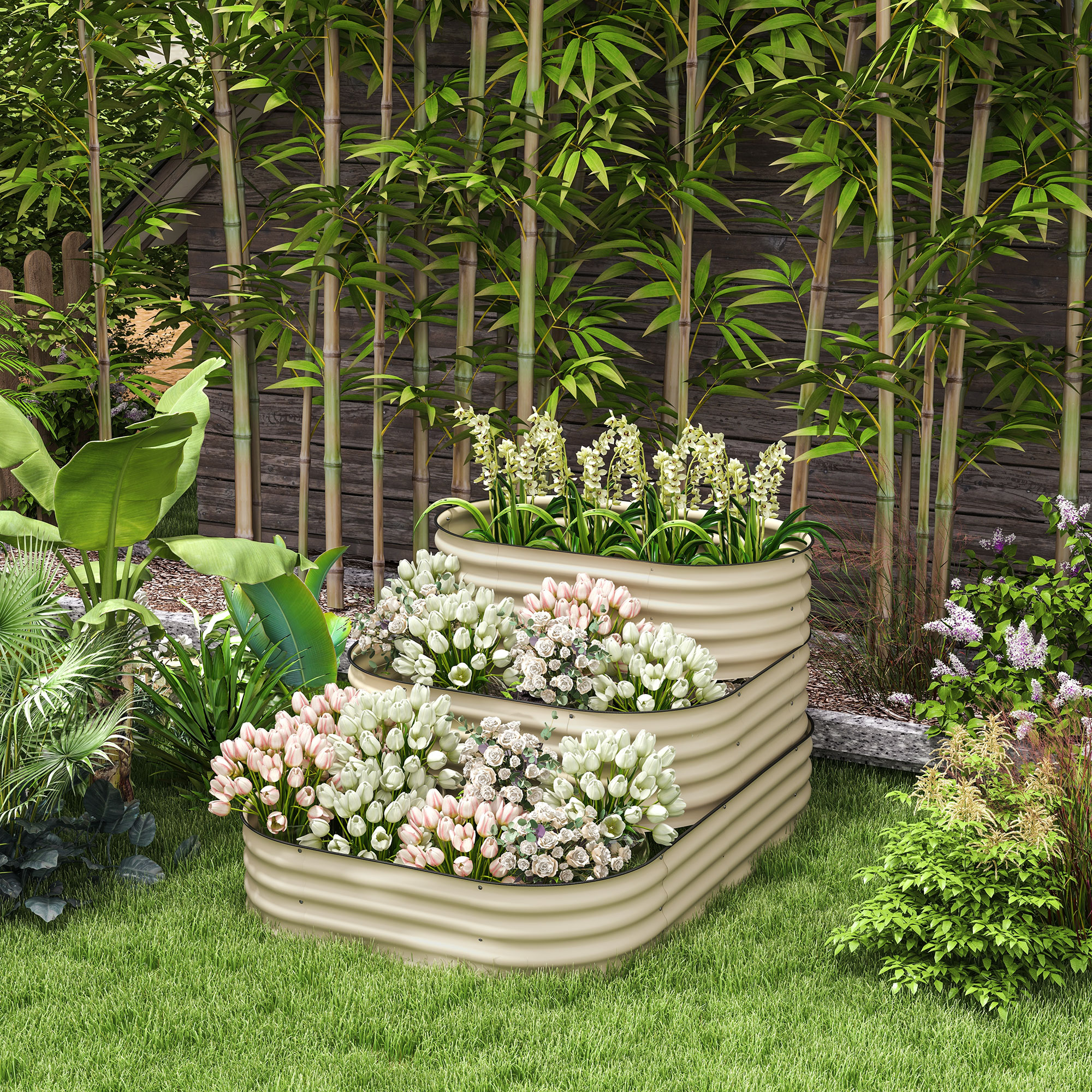 Juego de cama de jardín elevada de 3 niveles con borde de seguridad, 62.25 x 43 x 32.25 pulgadas, crema