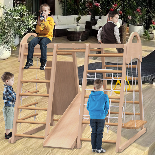 Indoor Playground 7-in-1 Jungle Gym Playset For Kids 2-6yrs - Slide, Climbing Wall, Rope Wall Climber, Monkey Bars, Swing - Waldorf And Montessori Style Wooden Climb Set.