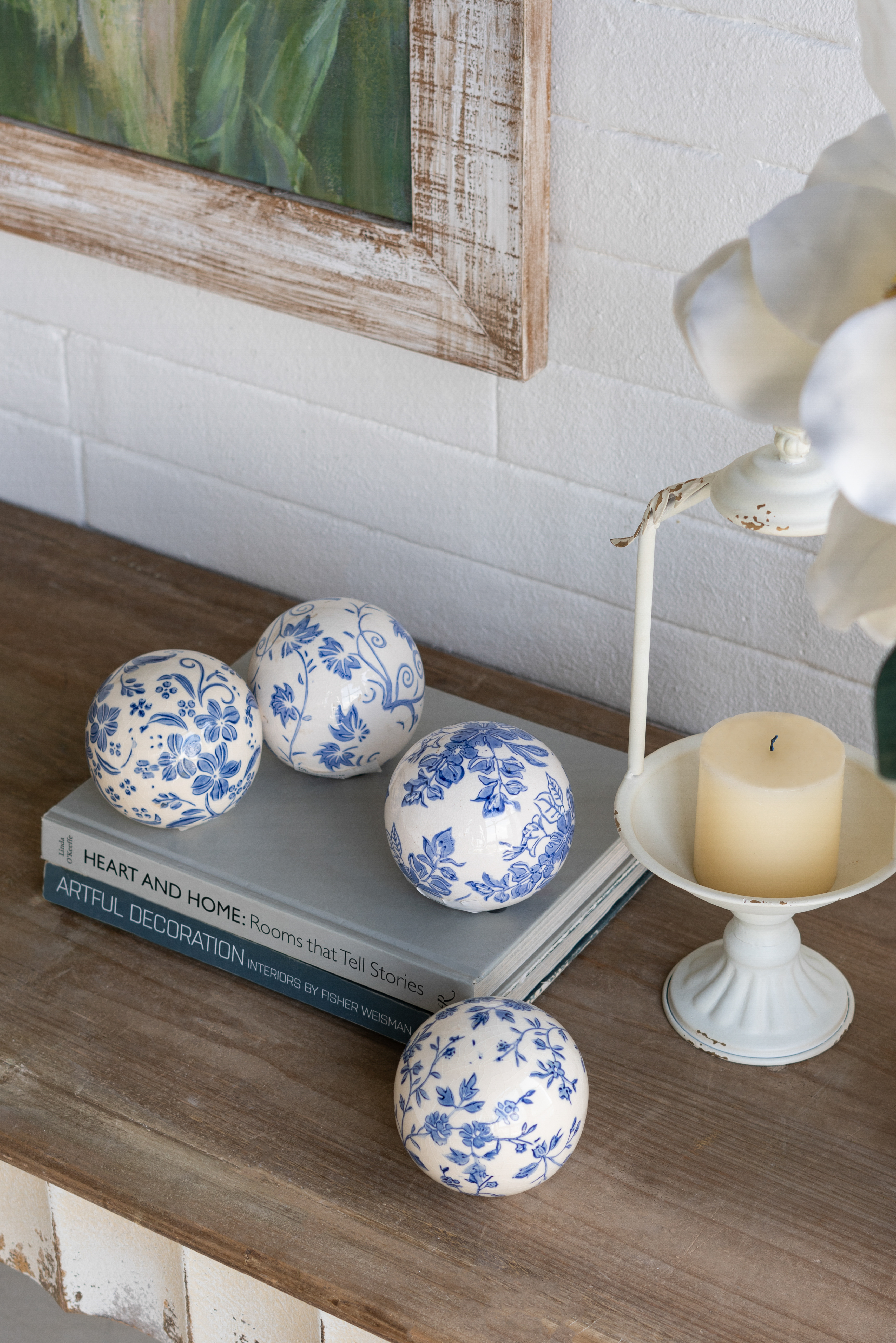 S 4 4x4x3.5  Blue And White Ceramic Decor Balls With Floral Patterns