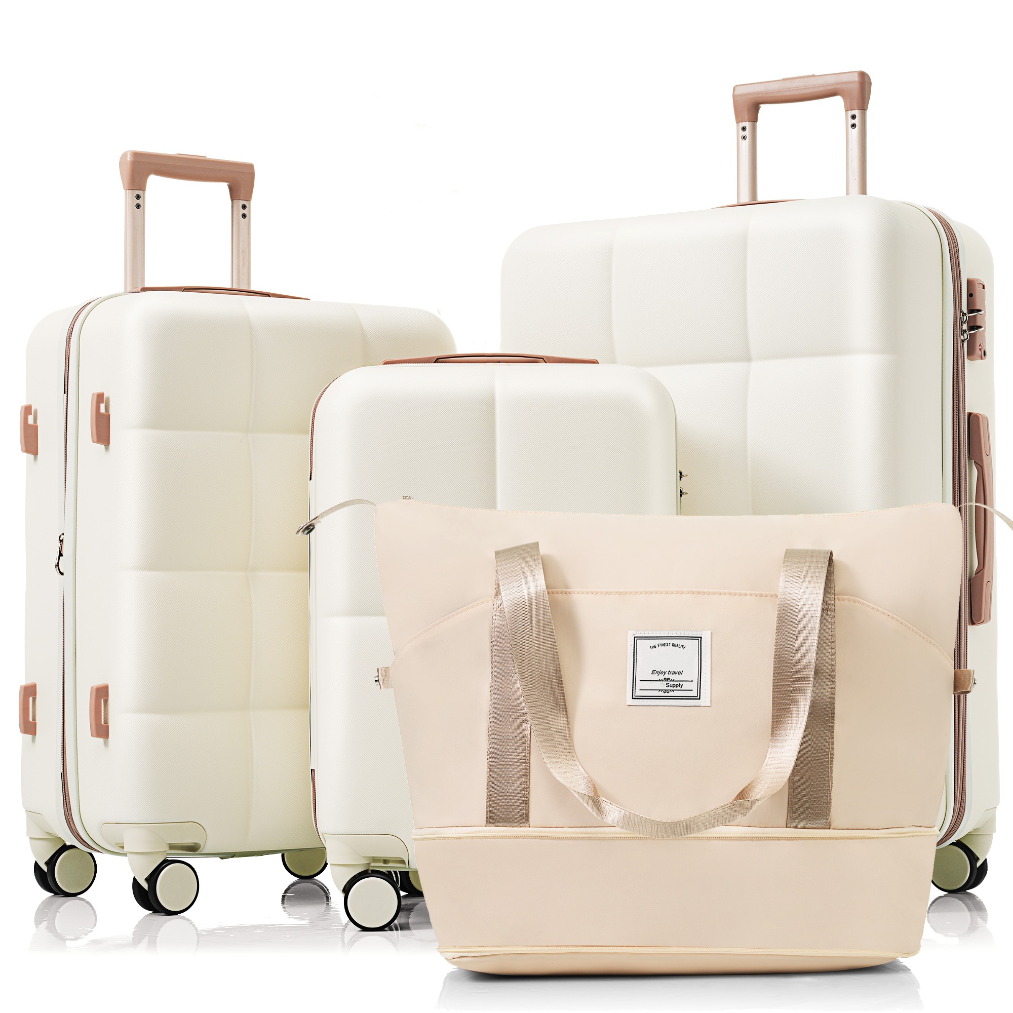 Luggage Sets 4 Piece,  ABS Durable Suitcase With Travel Bag,  Cup Holder, ABS Hard Shell Luggage With Spinner Wheels, White