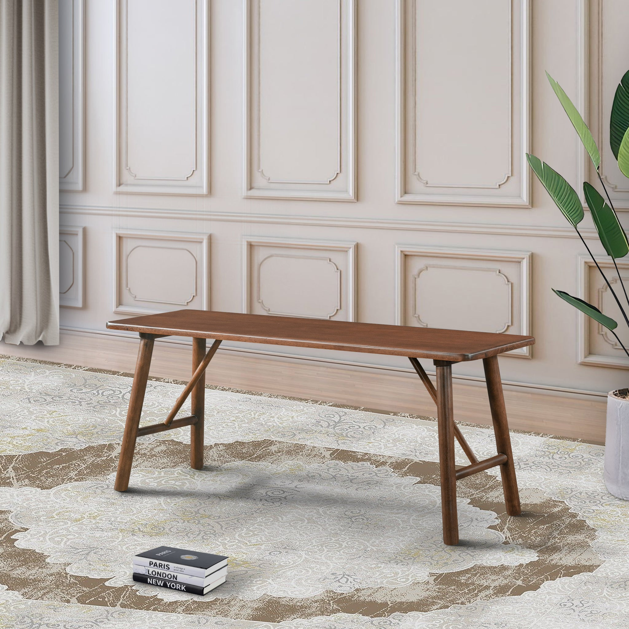 Versatile Solid Wood Molly Bench With Mid-Century Design In Walnut Brown 17.7     H X 43.3     W X 13     D