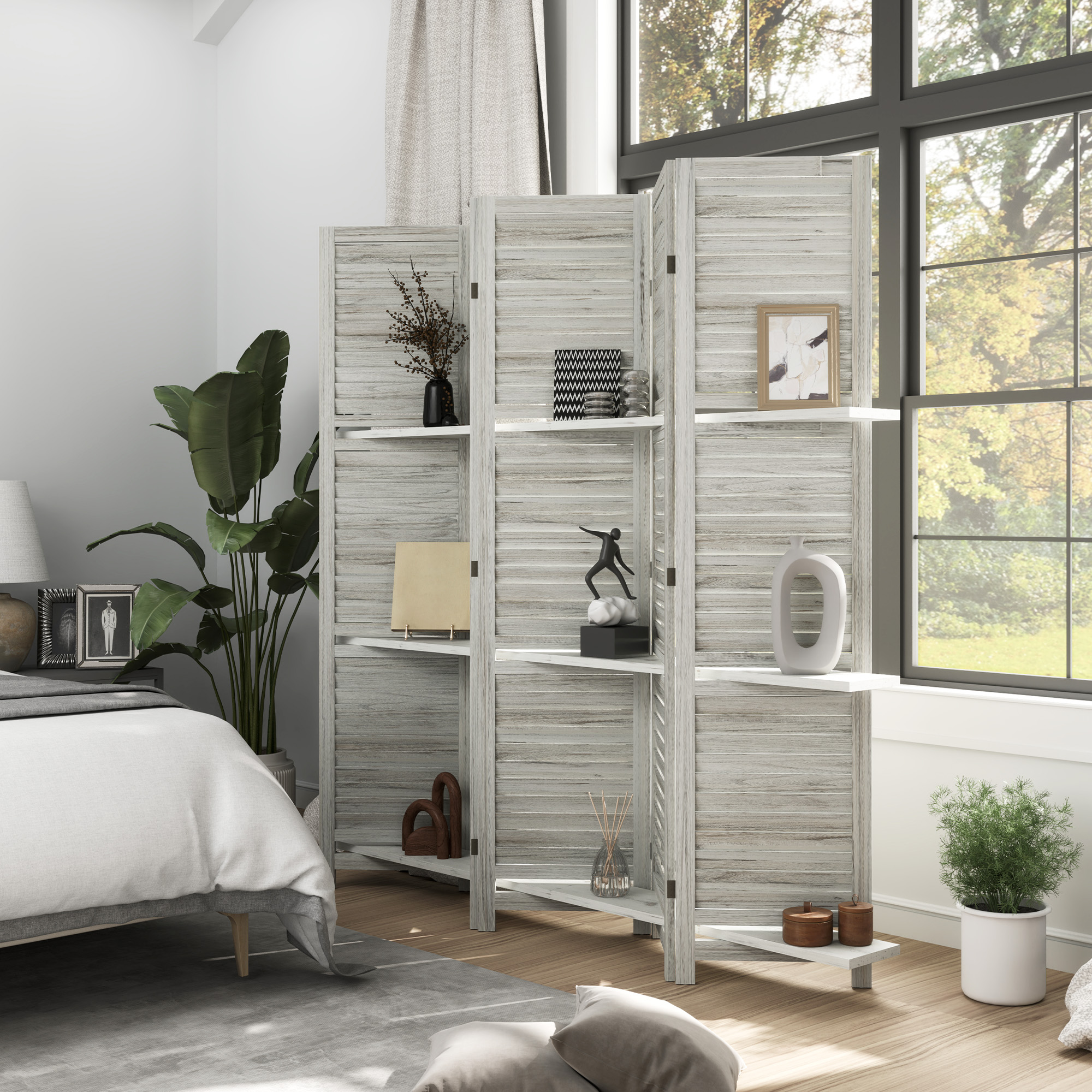 Divisor de ambientes de madera de 5 paneles, 67 pulgadas de alto, con 3 estantes, blanco