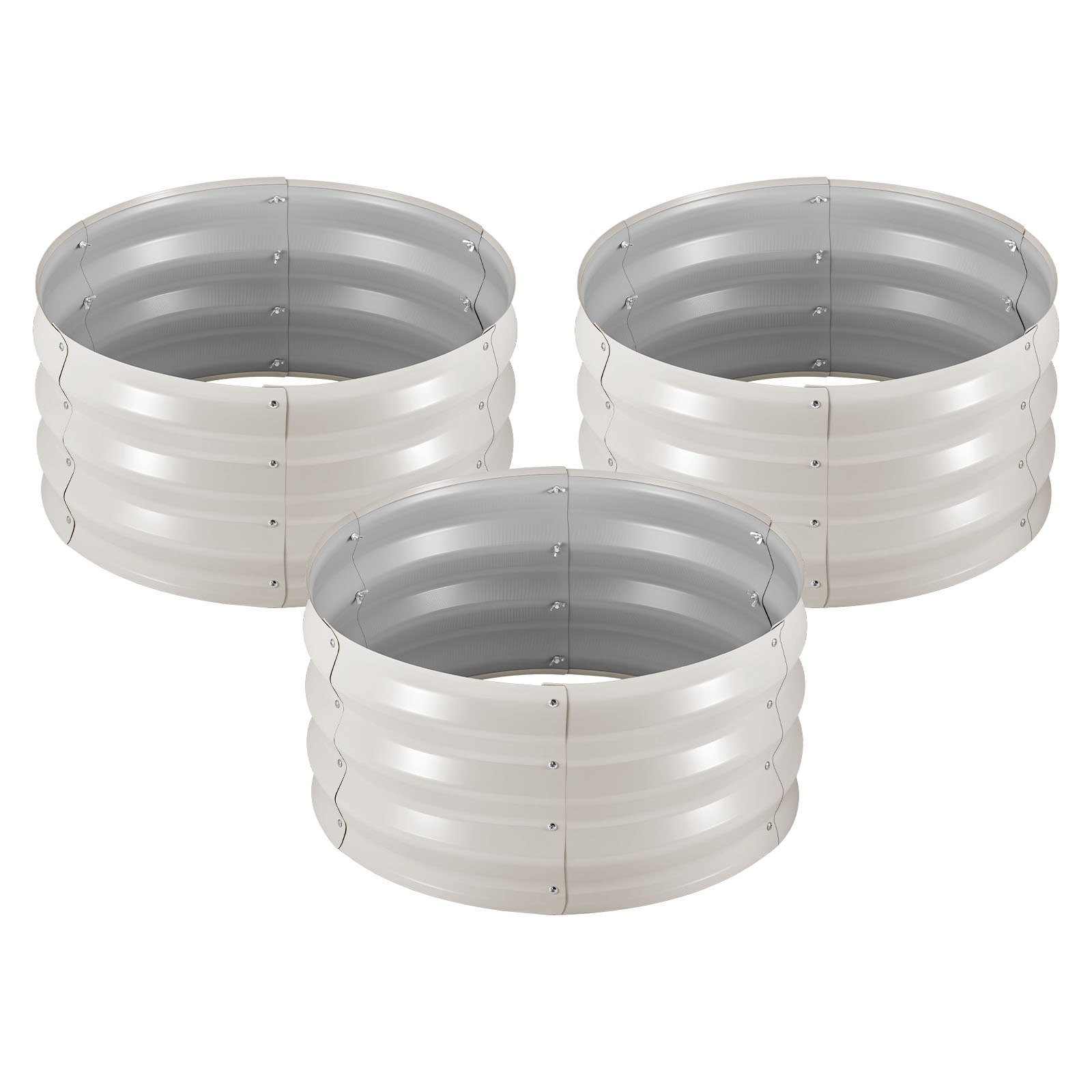 3 Pcs Galvanized Raised Garden Beds, 2 X 2 X 1 Ft, Round Metal Planter Boxes Kit Outdoor, Bottomless Elevated Garden Boxes With Gloves, Alu-Zinc, For Planting Flowers Vegetables Herbs, Beige